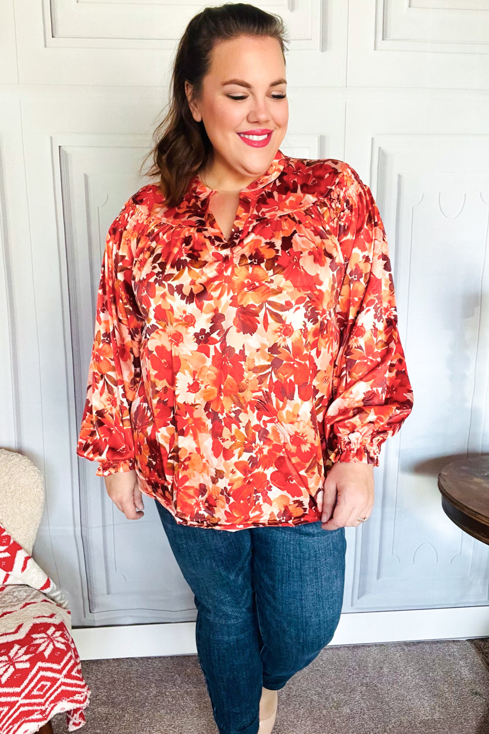 Fall Vibes Rust Floral Print Notched Neck Smocked Satin Blouse - Elegant Women's Tops for Autumn Outfits, Date Nights & Office Wear