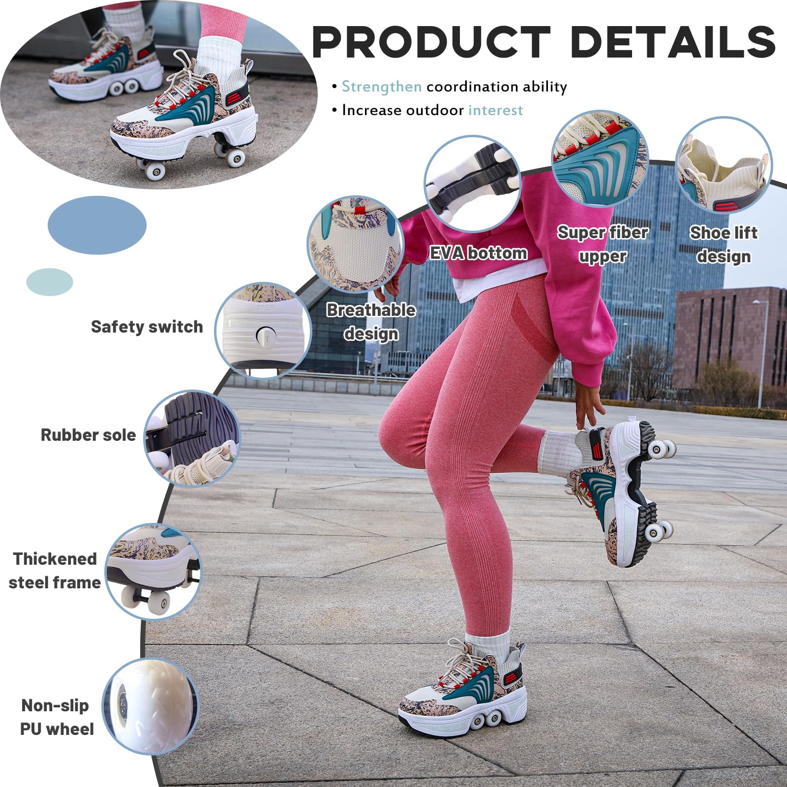 Women's & Kids' Convertible Roller Skate Shoes - 4-Wheel Adjustable Roller Skates Sneakers for Girls & Boys | Outdoor Skating, Sports & Casual Wear