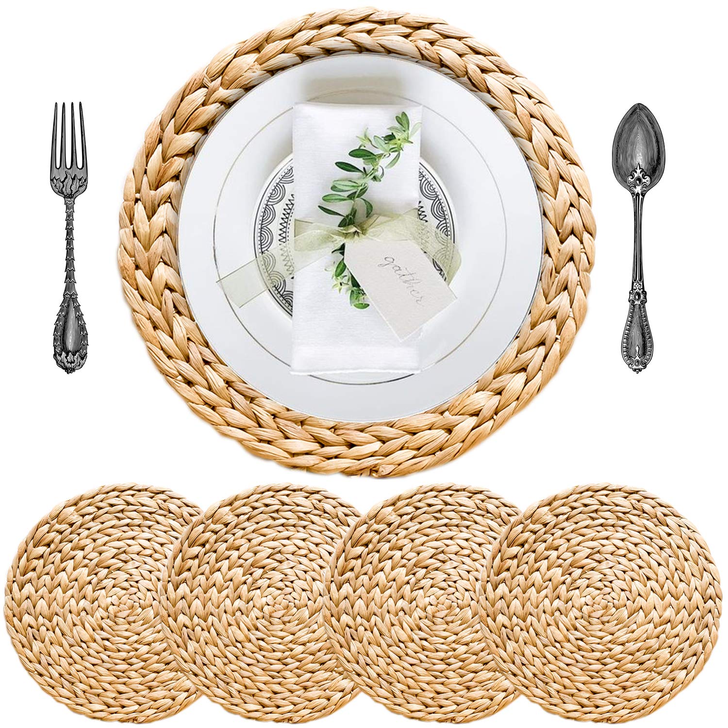 Boho Round Woven Placemats Set of 4 - 13.4 Inch Natural Water Hyacinth Wicker Straw Placemats for Dining Table | Perfect for Farmhouse, Coastal, and Bohemian Home Decor