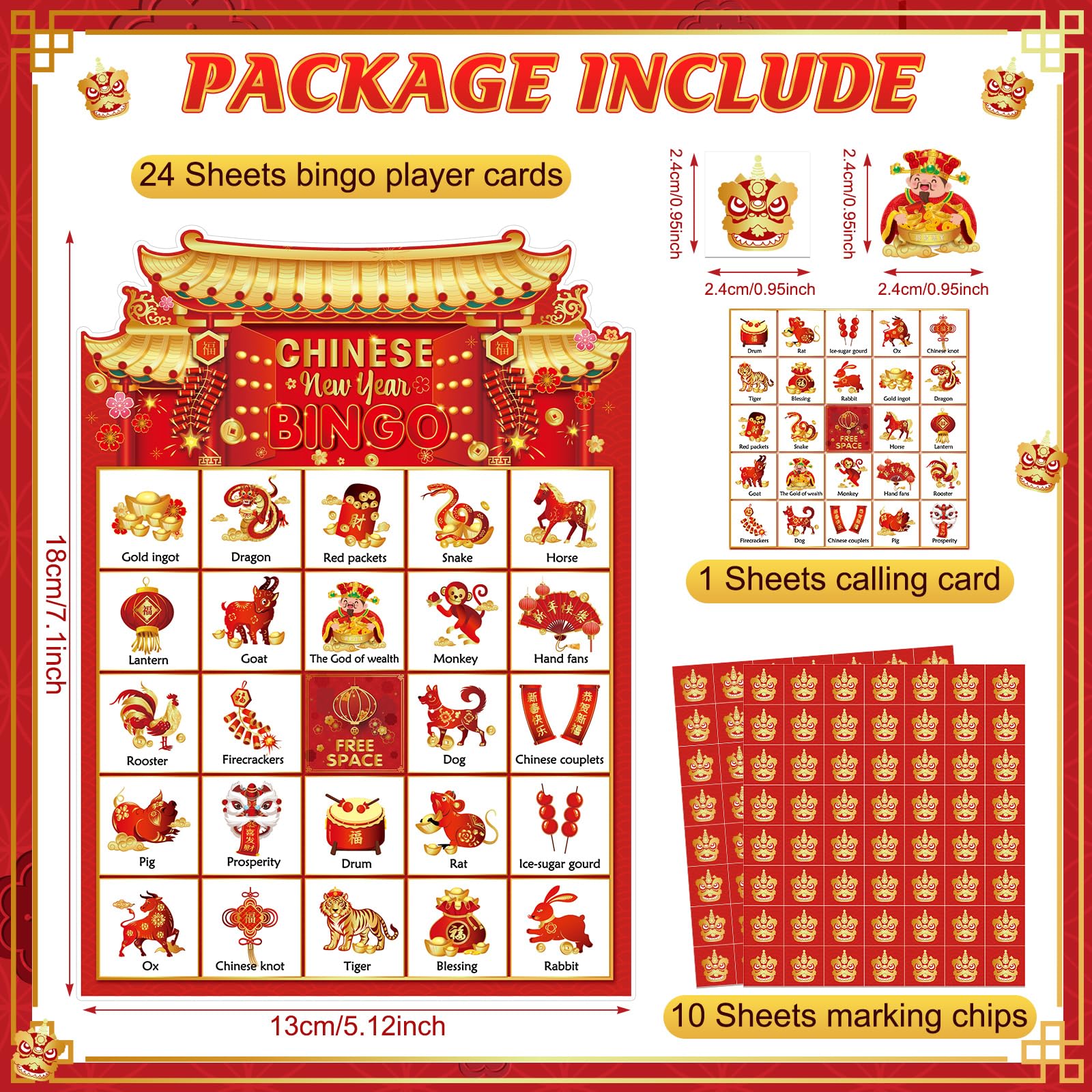 24 Players Chinese New Year Bingo Game Cards Set - 2025 Lunar New Year Bingo for Family & Friends - Oriental Holiday Party Games Supplies for Year of Snake Celebration - Perfect for Spring Festival Gatherings, Classroom Activities & Cultural Events