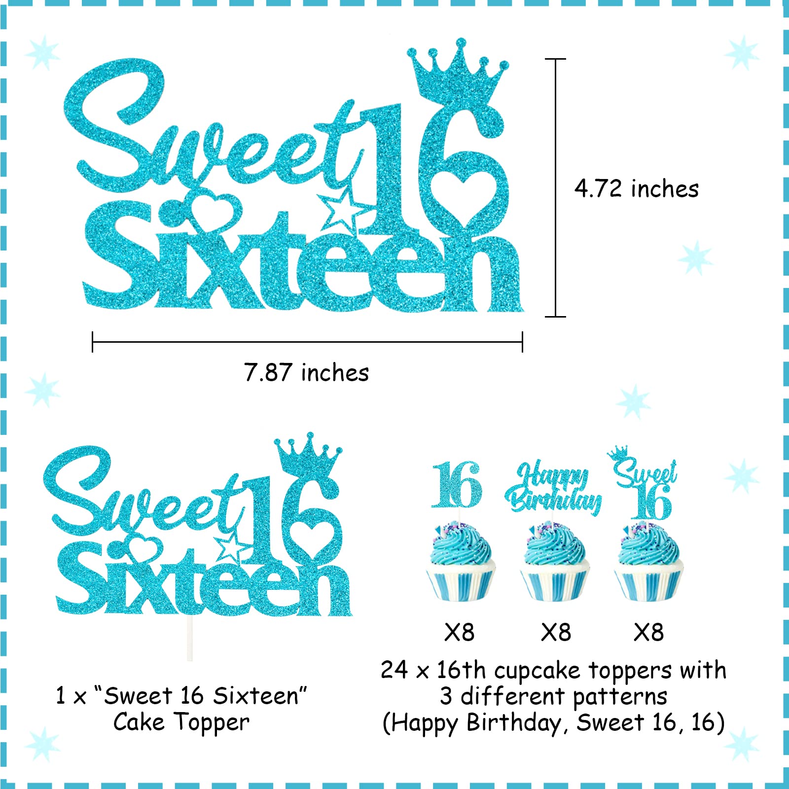 25-Pack Sweet 16 Birthday Cake Decorations Set - 16th Birthday Cake Topper & Cupcake Toppers in Teal Turquoise Blue - Perfect for Boys & Girls Sweet 16 Party Supplies - Ideal for Birthday Cakes, Cupcakes, and Teen Celebration Decor