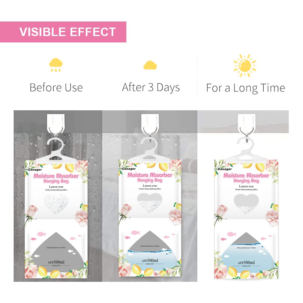 CANAGER Hanging Moisture Absorber - 8 Pack Lemon Rose Scented Dehumidifier Bags (12.5 oz) for Closet, Wardrobe & Storage Areas | Eliminates Dampness & Musty Odors | Perfect for Homes, RVs, Basements & Laundry Rooms