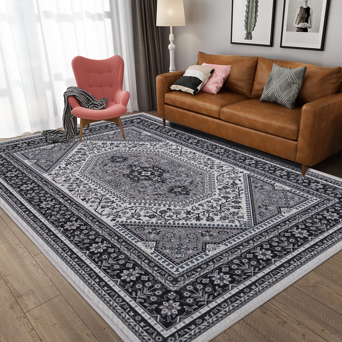 Wemina Vintage Bohemian Non-Slip Area Rug 5'x7' - Traditional Oriental Distressed Floral Medallion Accent Carpet for Home Decor | Perfect for Entryway, Bedroom, Bathroom & Kitchen (Black)