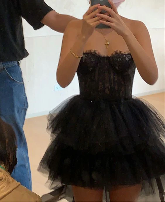 Elegant A-Line Black Lace Tulle Homecoming Dress for Women - Layered Prom Birthday Party Gown J3901 | Perfect for Formal Dances, Quinceañeras & Special Occasions