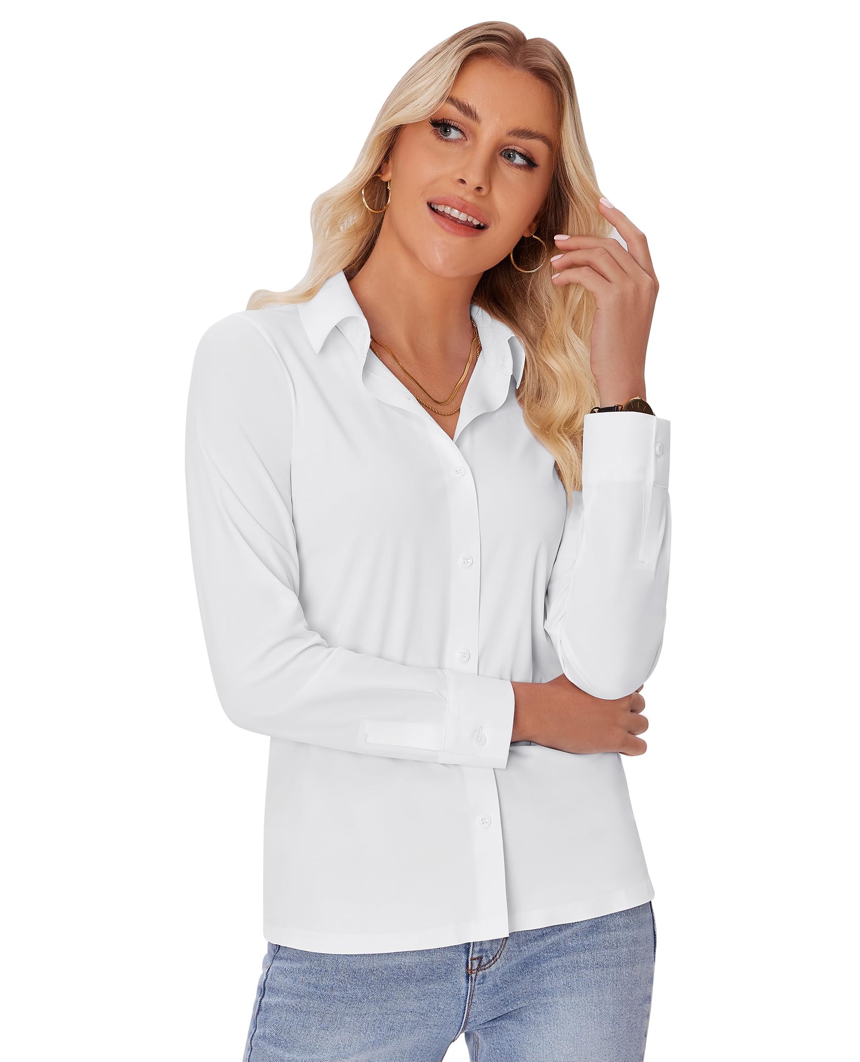 Siliteelon Women's Slim Fit Long Sleeve Stretch Button Down Shirt - Wrinkle Free Office Blouse & Professional Work Shirt - Perfect for Business Meetings, Office Wear & Formal Occasions