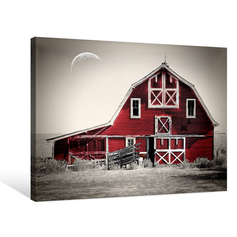 Red Barn Canvas Art Prints - Black & White Country Barn Wall Decor for Farmhouse, Bathroom & Living Room - Vintage Rustic Home Decor & Office Wall Art