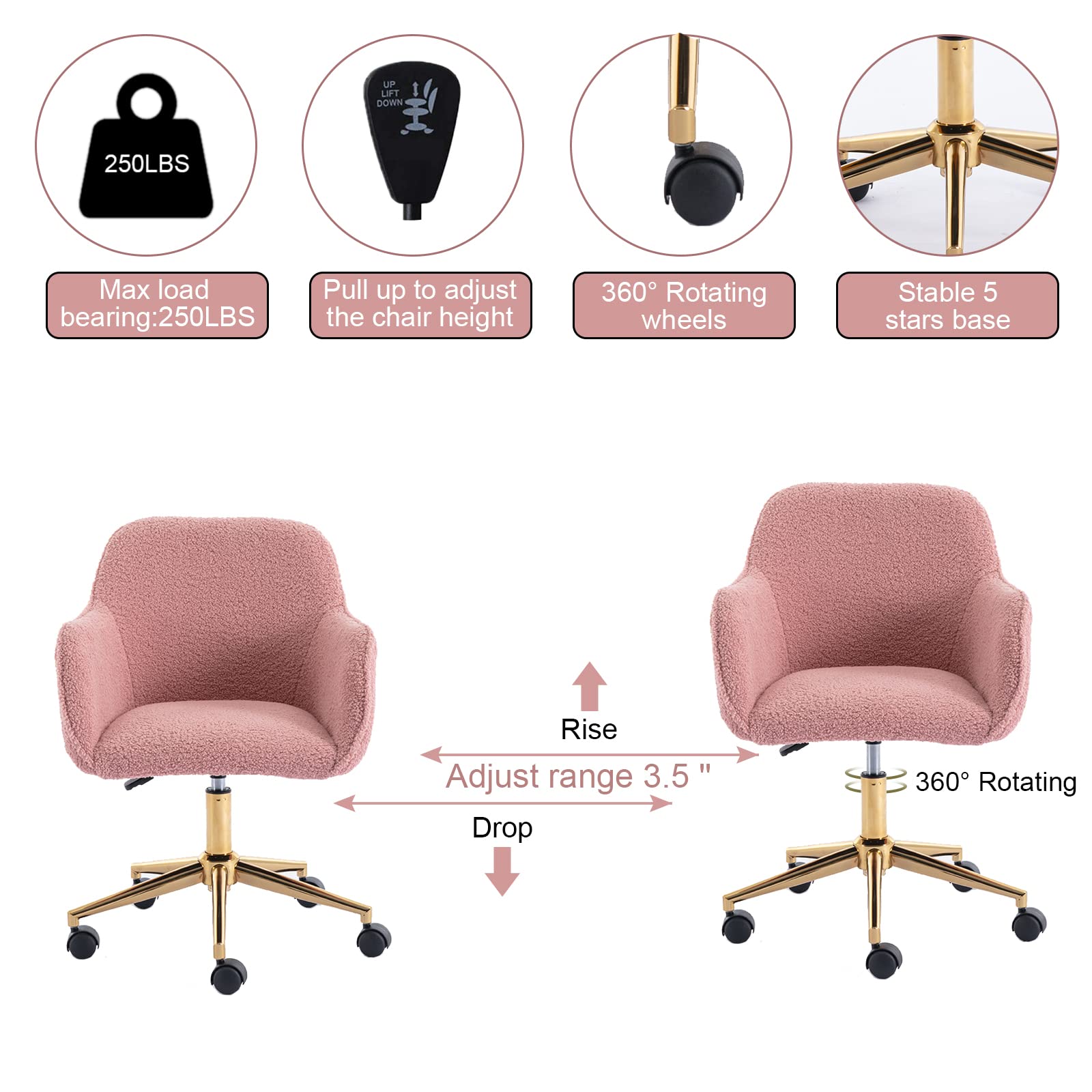 Luxury Faux Fur Swivel Office & Home Desk Chair - Modern Tufted Seat with Golden Base, Elegant Vanity & Kids Task Chair in Pink - Perfect for Home Office, Bedroom & Study Room