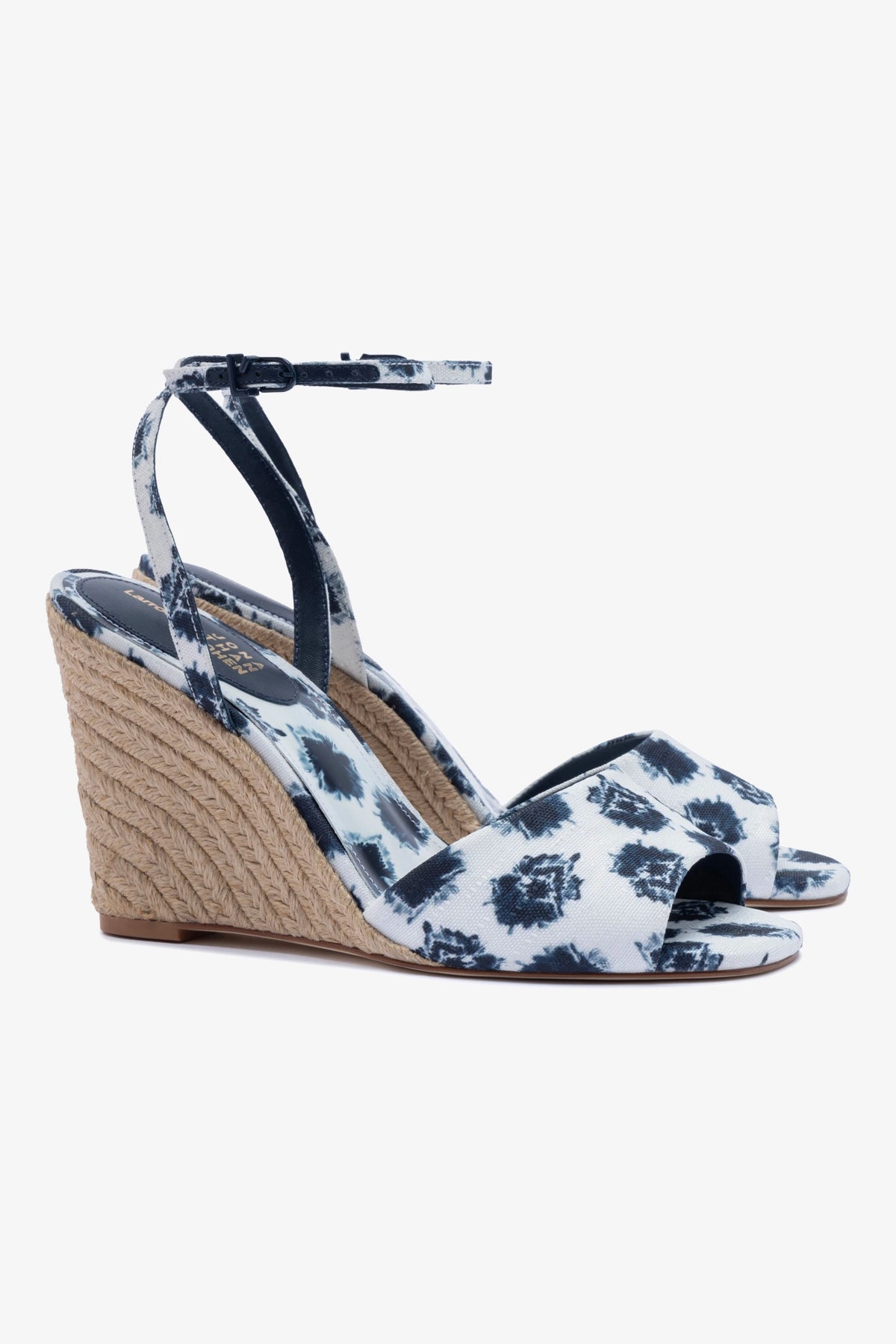 Larroudé x Jonathan Cohen Yves Wedge Sandals in Tie-Dye Ocean Linen | Stylish Summer Beach Shoes for Women | Perfect for Vacations, Weddings & Outdoor Events