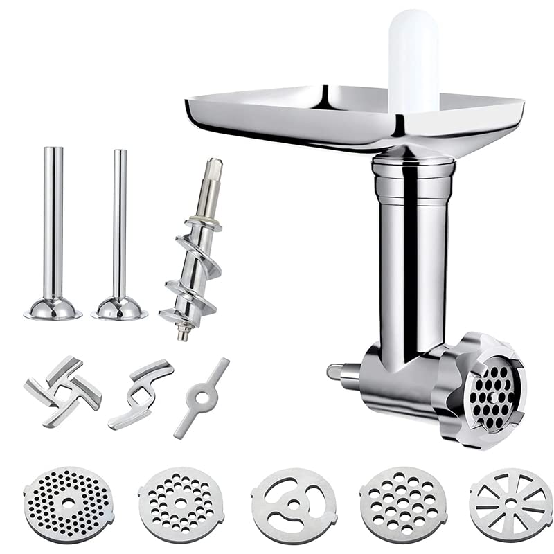 Premium Stainless Steel Meat Grinder & Sausage Stuffer Attachment for KitchenAid Stand Mixers - Food Grinder Accessory with 3 Cutting Plates & Sausage Filling Tube (Silver) - Perfect for Home Butchering, Sausage Making & Meal Prep