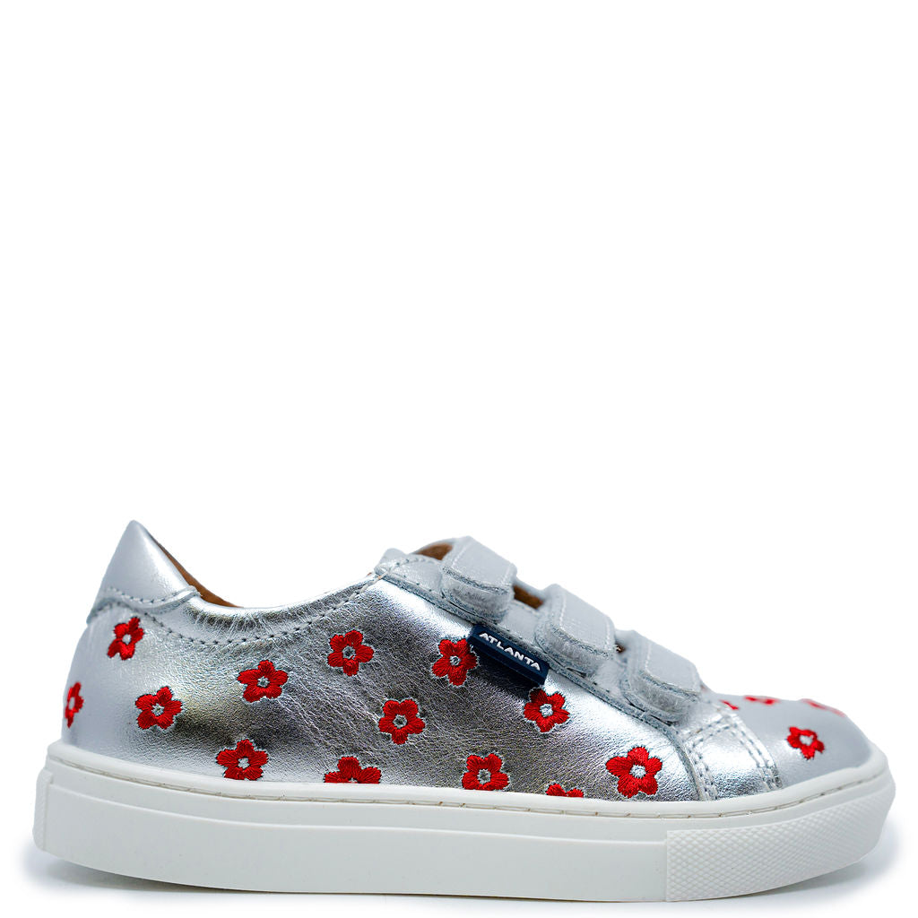Atlanta Moccasin Slip-On Sneakers for Women - Silver & Red Floral Design with Velcro Strap - Comfortable Casual Shoes for Walking, Travel & Everyday Wear