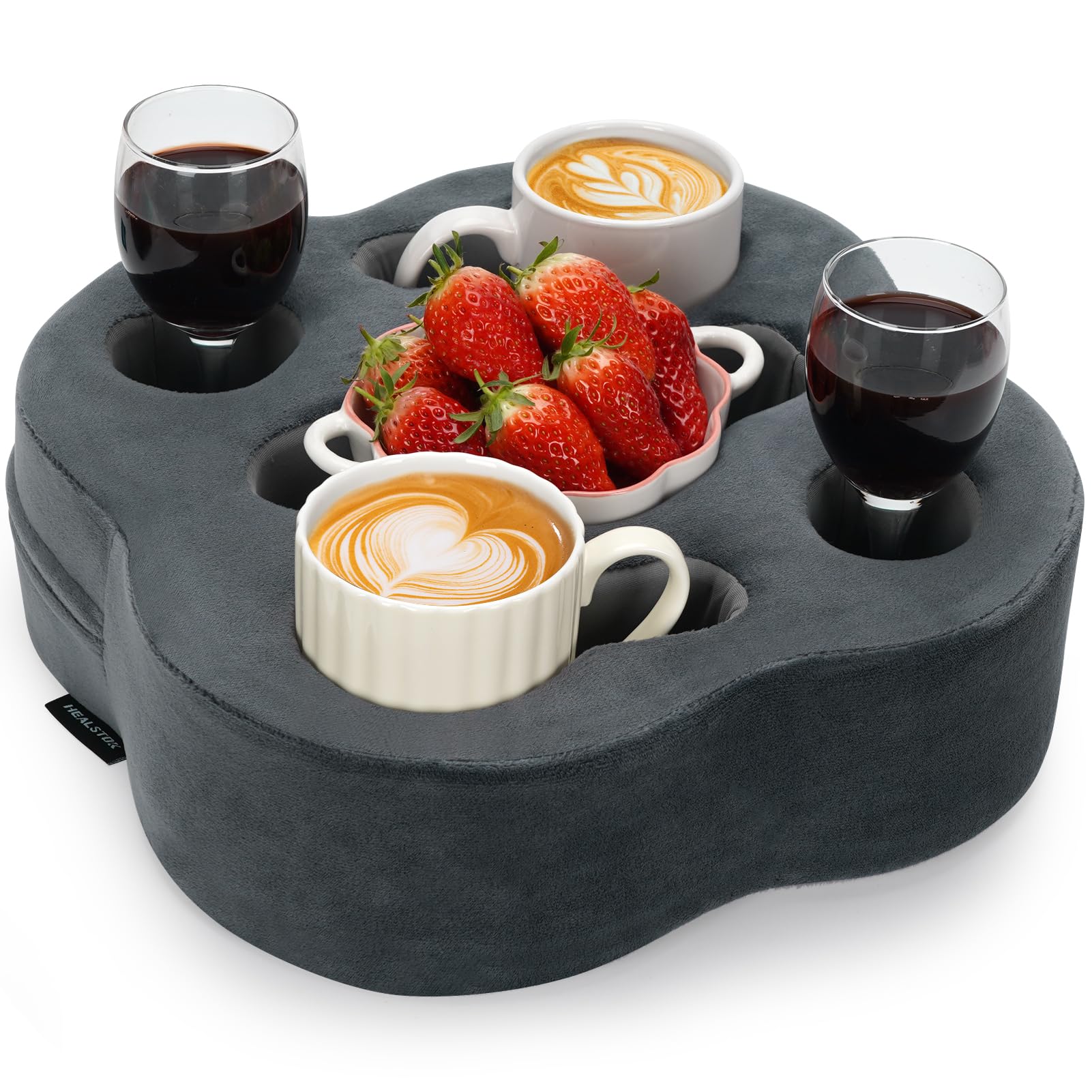 Grey Couch Cup Holder Pillow - Sofa & Bed Organizer Caddy with Snack Tray for Drinks, Remotes & Phones | Perfect for Movie Nights, Gaming & Relaxing in Living Room or Bedroom