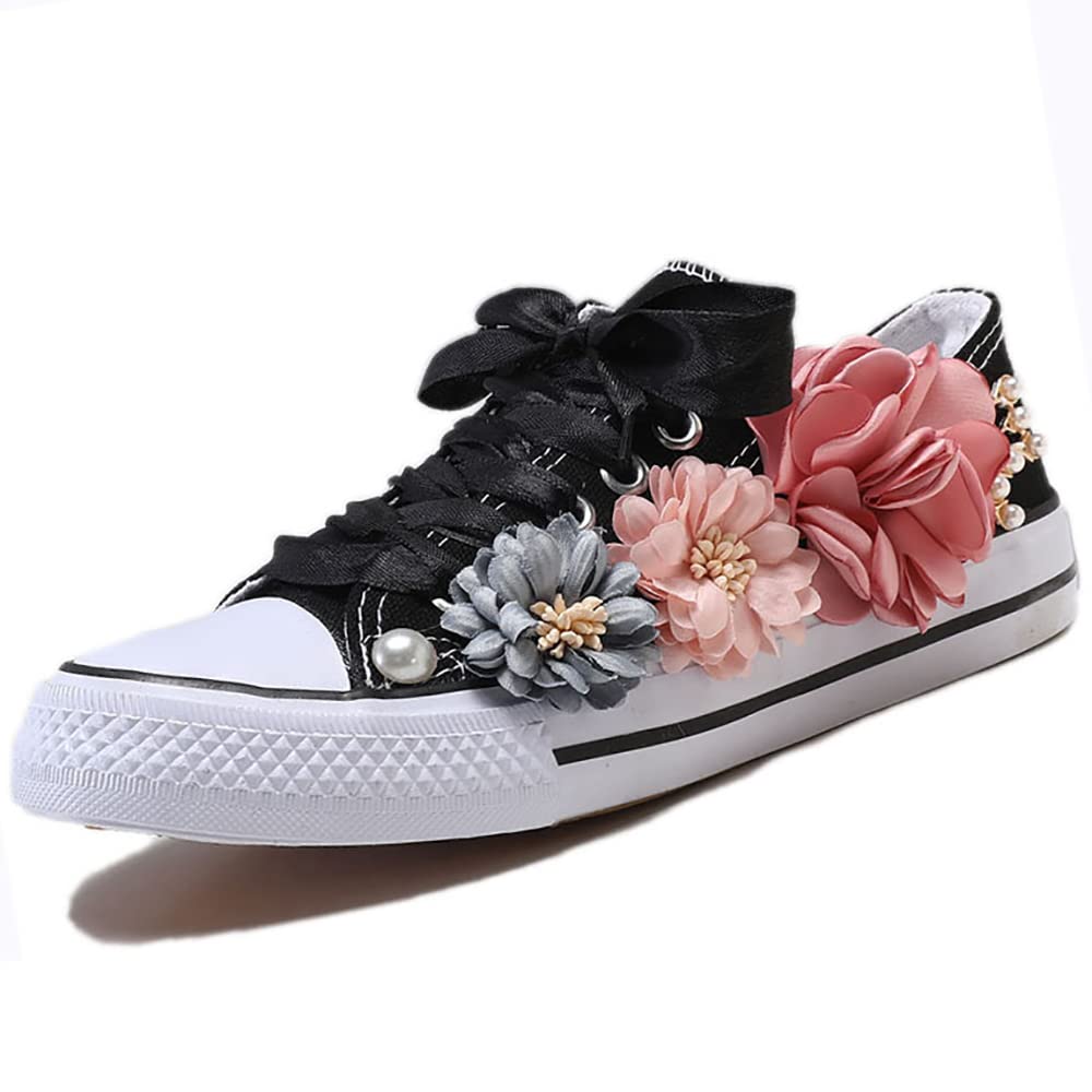 Women's Fashion Flat Sneakers - Gothic Black & White Lolita Canvas Shoes for Girls, Art Graffiti Casual Sneakers with Boho Flower Beads | Perfect for Cosplay, School, Streetwear & Everyday Wear