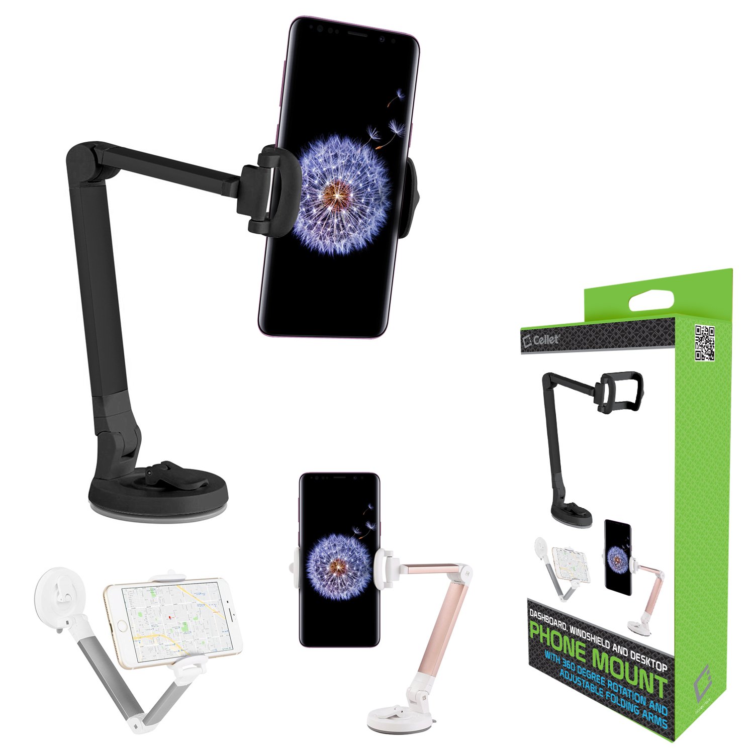 Universal Car Phone Mount Holder - Adjustable & Foldable Windshield & Dashboard Stand with Strong Suction Cup for iPhone, Android Smartphones (Black) | Perfect for GPS Navigation, Hands-Free Calling & Road Trips