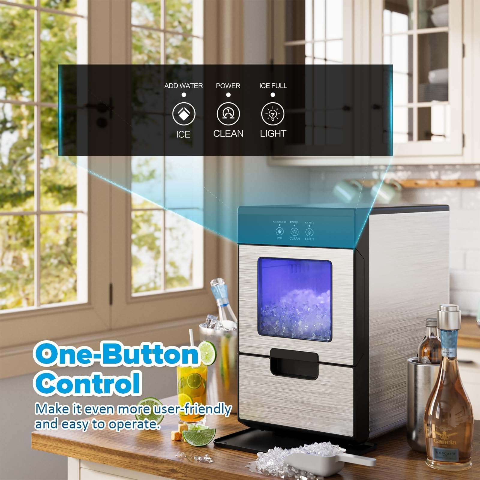 44Lbs Countertop Nugget Ice Maker - Stainless Steel Pebble Ice Machine with Ice Scoop & Removable Basket | Perfect for Home, Office, Parties & Cocktails