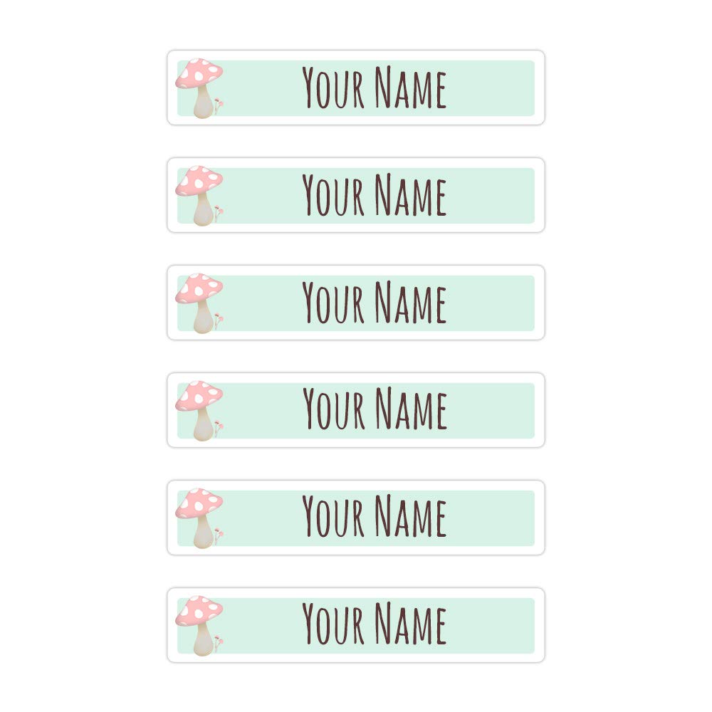 Peel & Stick Waterproof Name Labels - 80 Durable Personalized Skinny Labels with Mushroom Design for Kids School Supplies, Lunch Boxes & Water Bottles