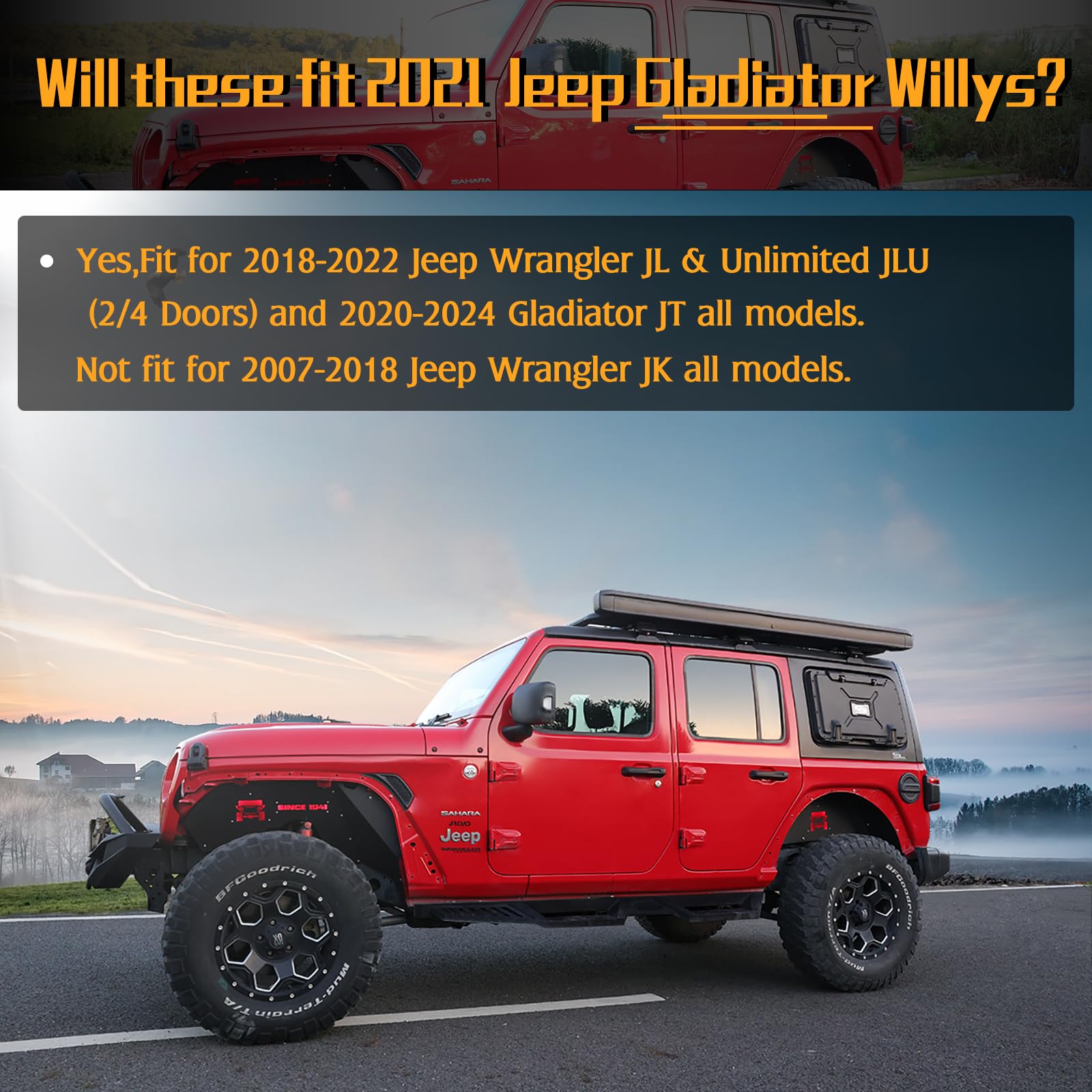 Aluminum Front Inner Fender Liners with 4 LED Lights for 2018-2022 Jeep Wrangler JL & JLU Unlimited (2 & 4 Door) - Off-Road Protection & Enhanced Visibility for Night Driving