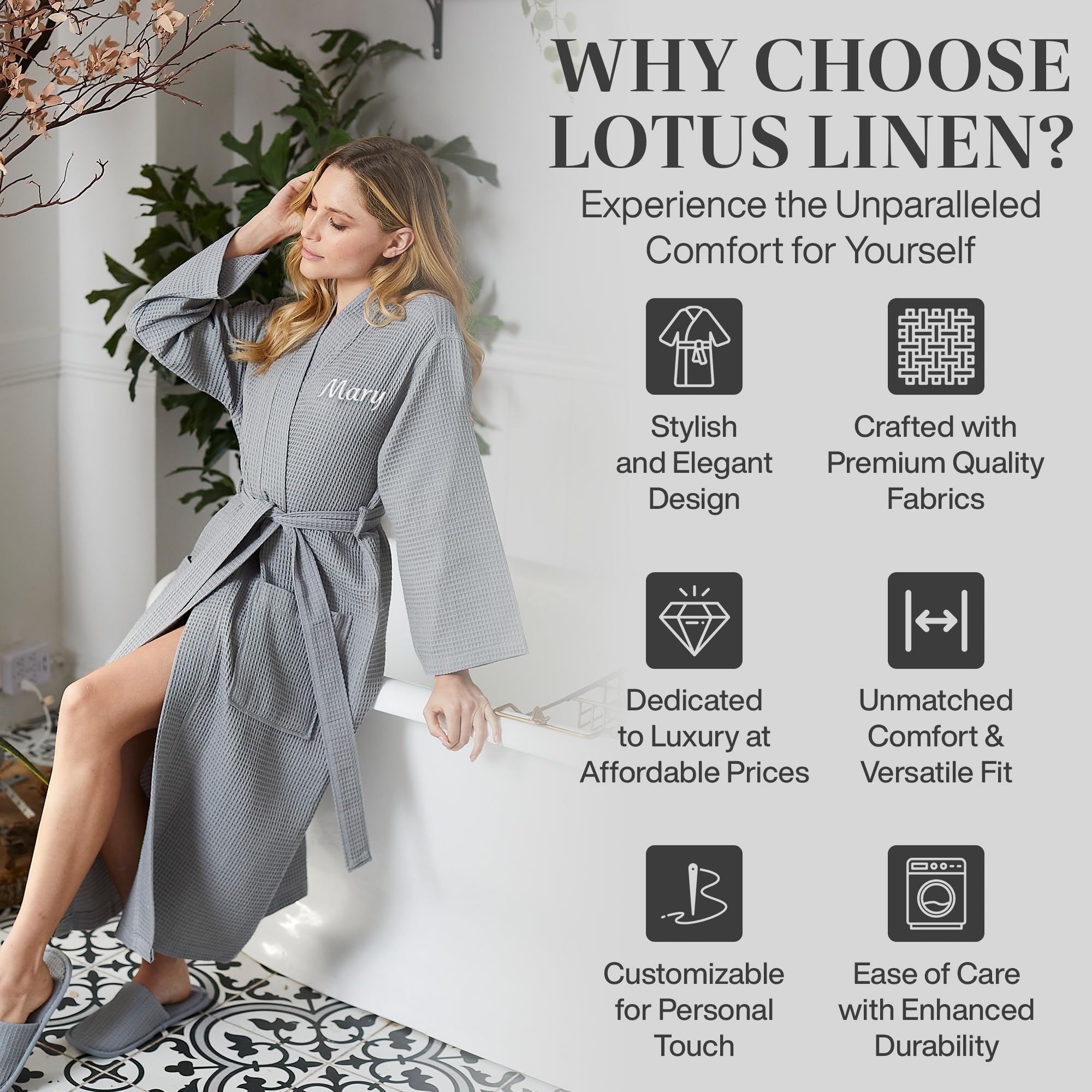 Lotus Linen Women's Lightweight Waffle Weave Robe - Soft Long Cotton Bathrobe - Kimono Style Spa Robe for Women - Perfect for Bath, Lounge & Relaxation at Home
