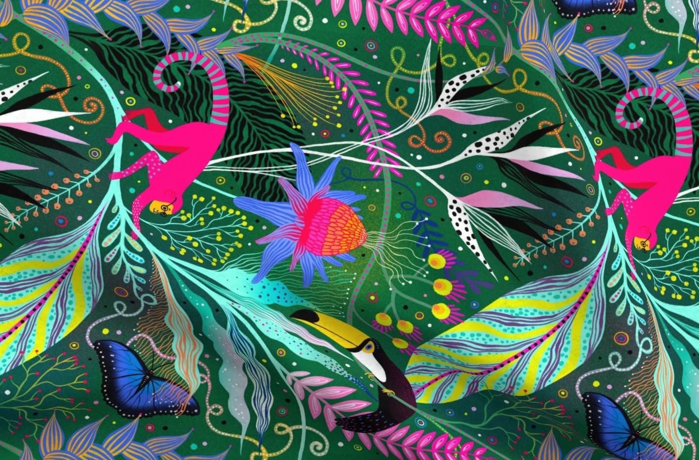 Tropical Maximalist Bright Jungle Print Fabric - Organic Cotton Sateen Fat Quarter for Sewing, Quilting, Apparel & Home Decor | Summer Island Toucan Monkey Design | Perfect for DIY Projects, Pillow Covers & Boho Decor