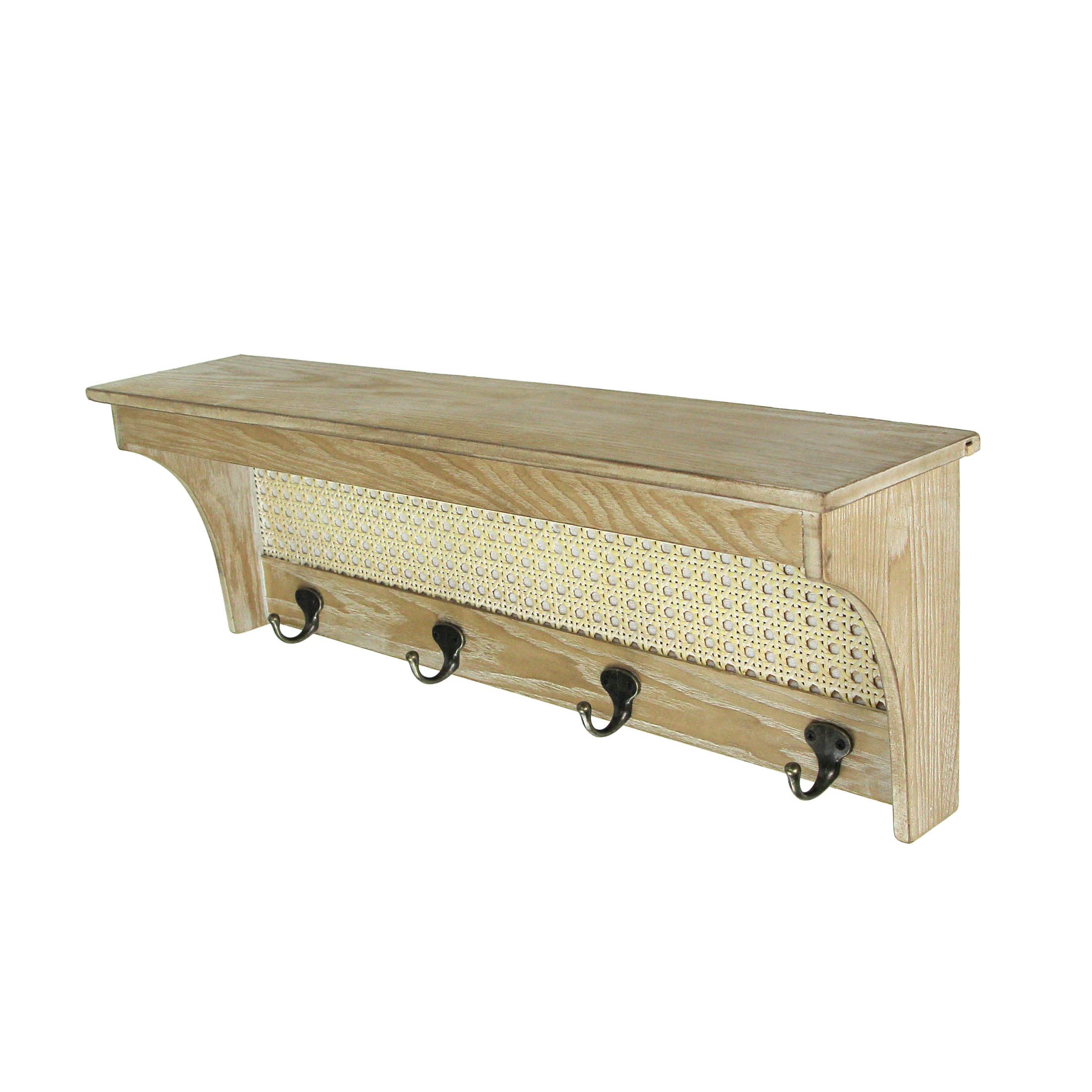 Audrey's Wooden Wall Shelf with Rattan Mesh Cane Webbing & 4 Metal Hooks - Stylish Storage for Bathroom, Kitchen, Bedroom & Entryway Organization