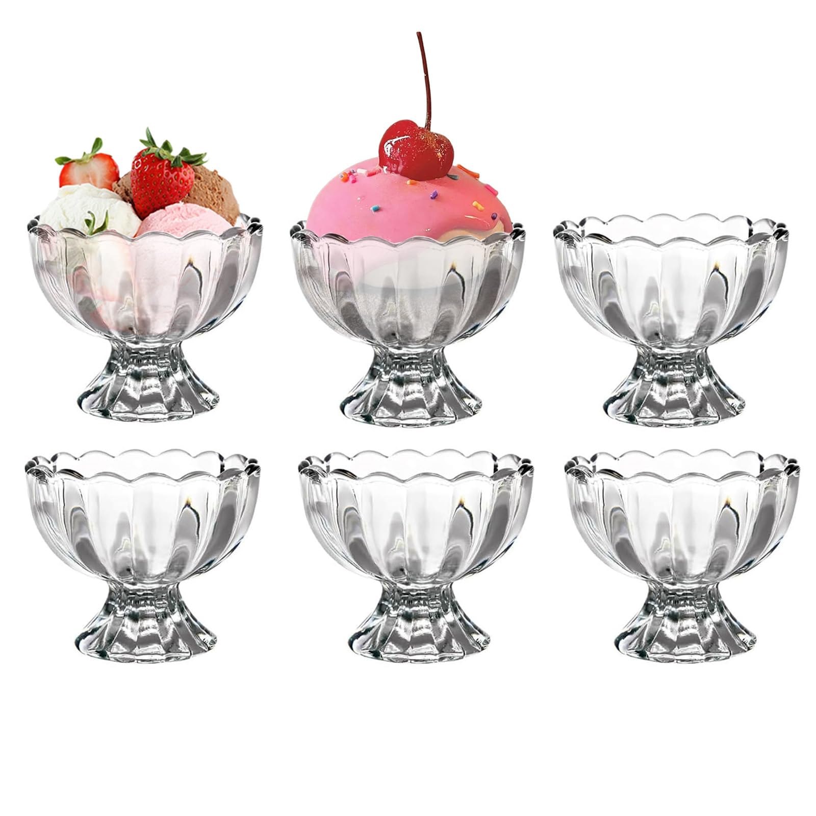 Vintage Glass Dessert Bowls - 6-Pack 5oz Ice Cream Cups for Sundae, Fruit, Pudding & Small Snacks | Elegant Condiment Dishes for Parties, Dessert Bars & Home Entertaining