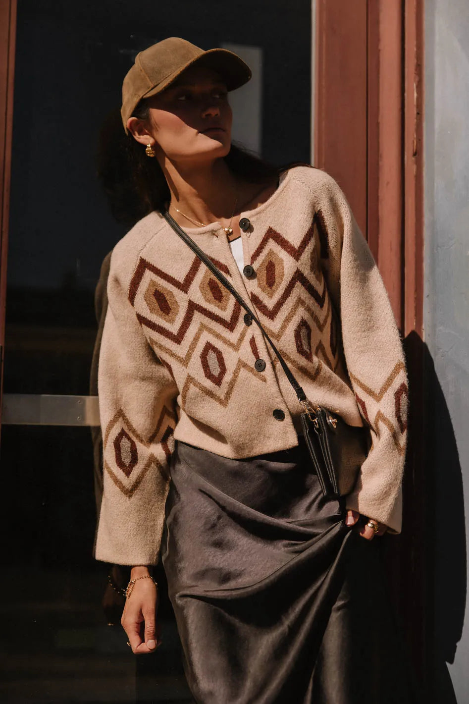 Angelica Geometric Cardigan in Tan - Women's Stylish Knit Sweater for Fall & Winter | Perfect for Office, Casual Outings & Cozy Evenings