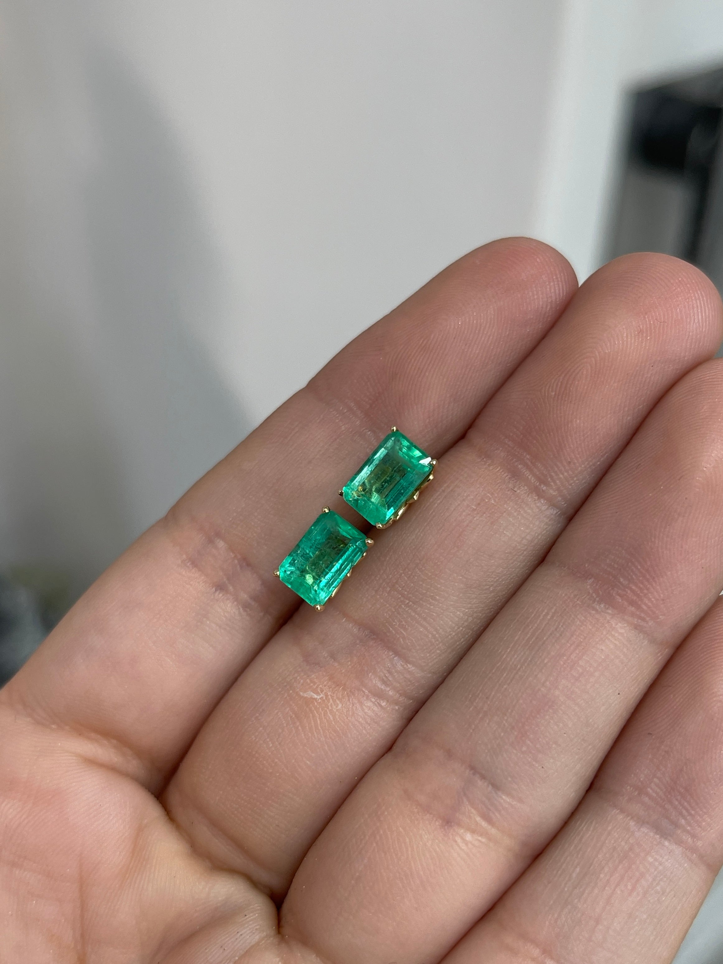 3.24tcw 14K Gold Fleur De Lis 4-Prong Emerald Cut May Birthstone Stud Earrings - Perfect for Mother's Day Gifts, Bridal Jewelry & Everyday Elegance
