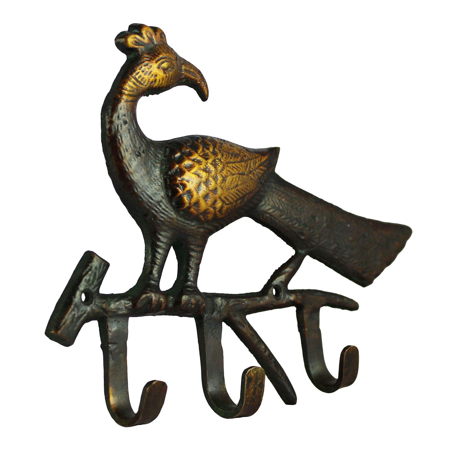 Hand Carved Peacock Design Brass Wall Hooks - Decorative Metal Coat Key Hangers for Entryway, Bedroom & Closet Organization