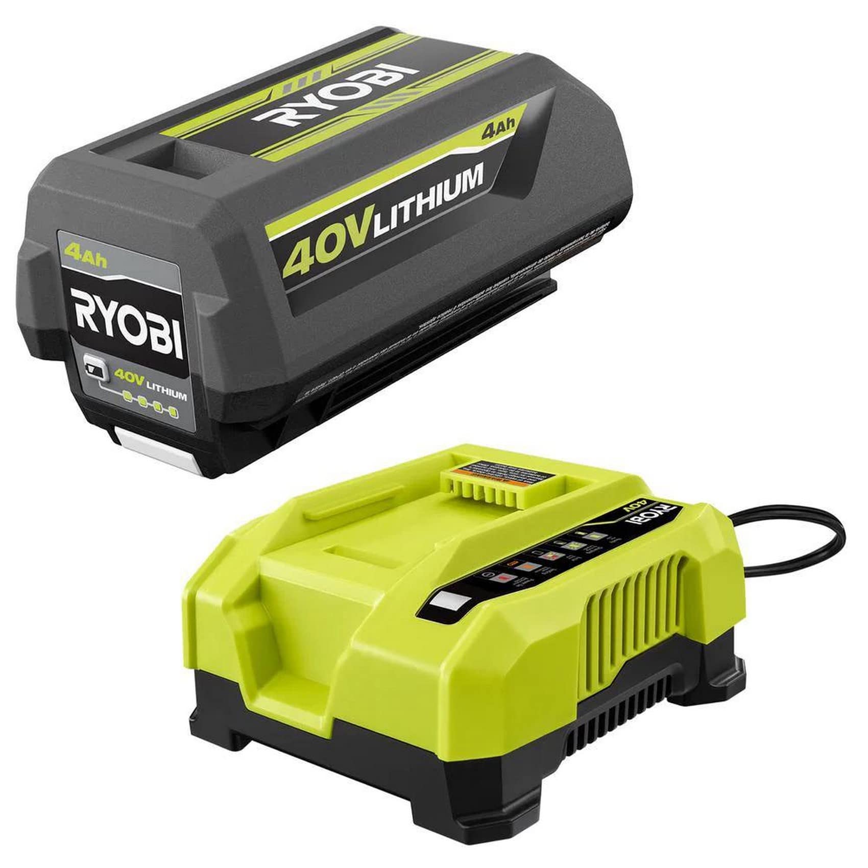 RYOBI 40V 4.0Ah Lithium-Ion Battery with Rapid Charger - Compatible with 40-Volt Cordless Power Tools for Lawn Mowers, Trimmers & Outdoor Equipment