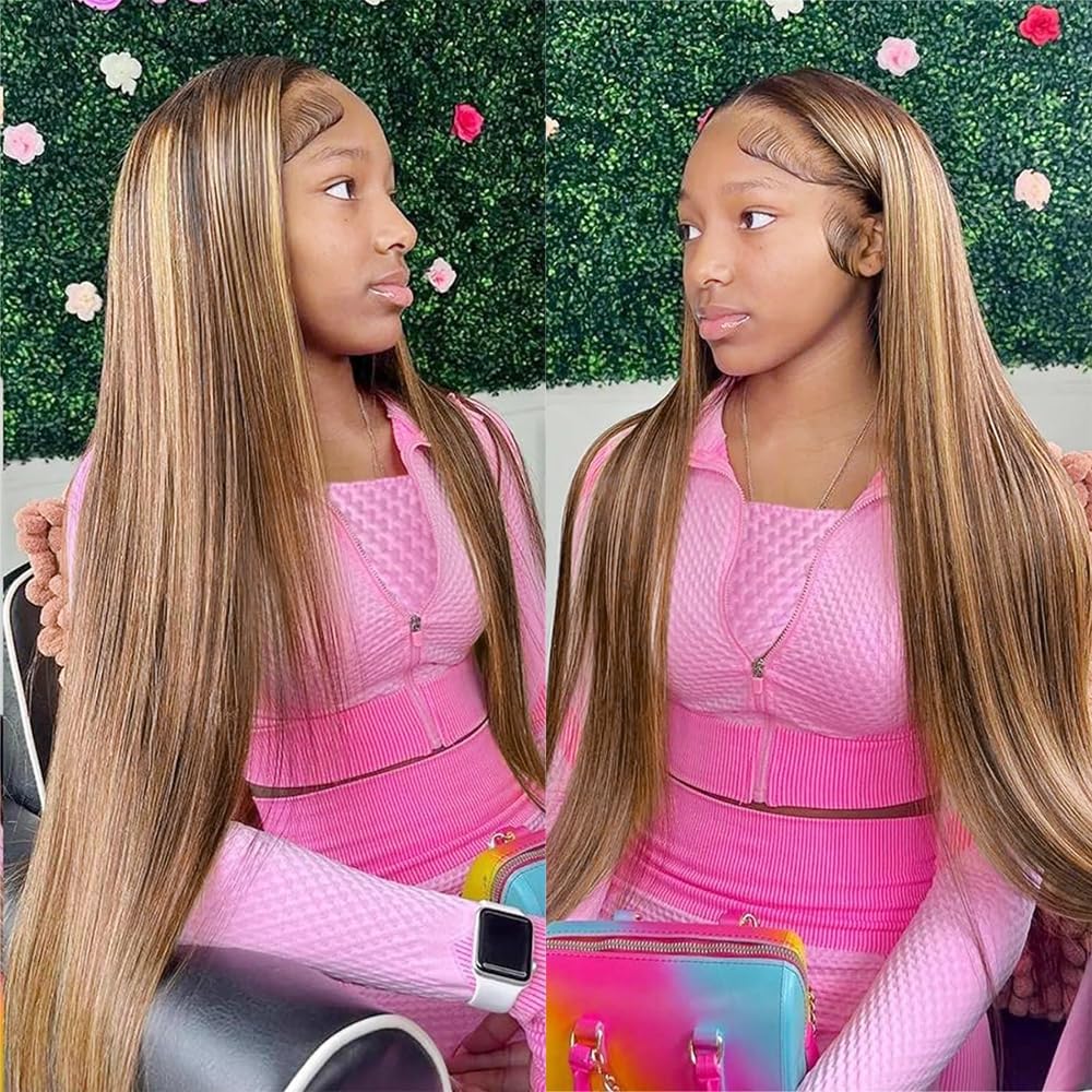 ALLRUN 13x6 HD Lace Front Wig Human Hair - Pre-Plucked Straight Highlight Ombre Honey Blonde Wig with Baby Hair (24 Inch) | Perfect for Daily Wear, Cosplay, Parties & Special Occasions