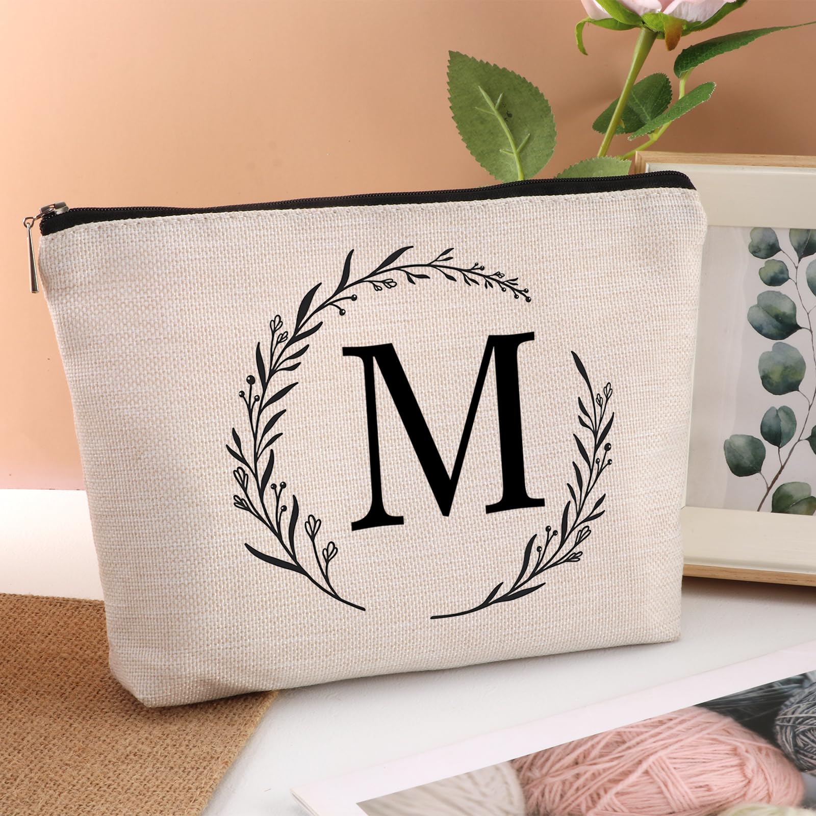 Personalized Monogrammed Travel Makeup Bag with M Initial - Cosmetic Organizer for Women, Mom, Best Friend, Bride & Bridesmaid - Perfect Birthday Gift for Travel, Wedding & Everyday Use