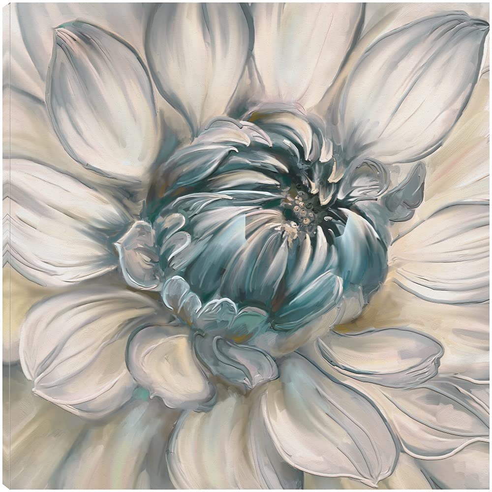 Botanical Wall Art Canvas - Daytime Dahlia Blue II Floral Painting - 22x22 Inch Bathroom & Bedroom Decor - Handmade Canvas Artwork for Home & Office - Perfect for Living Room, Spa, Salon Interior Design