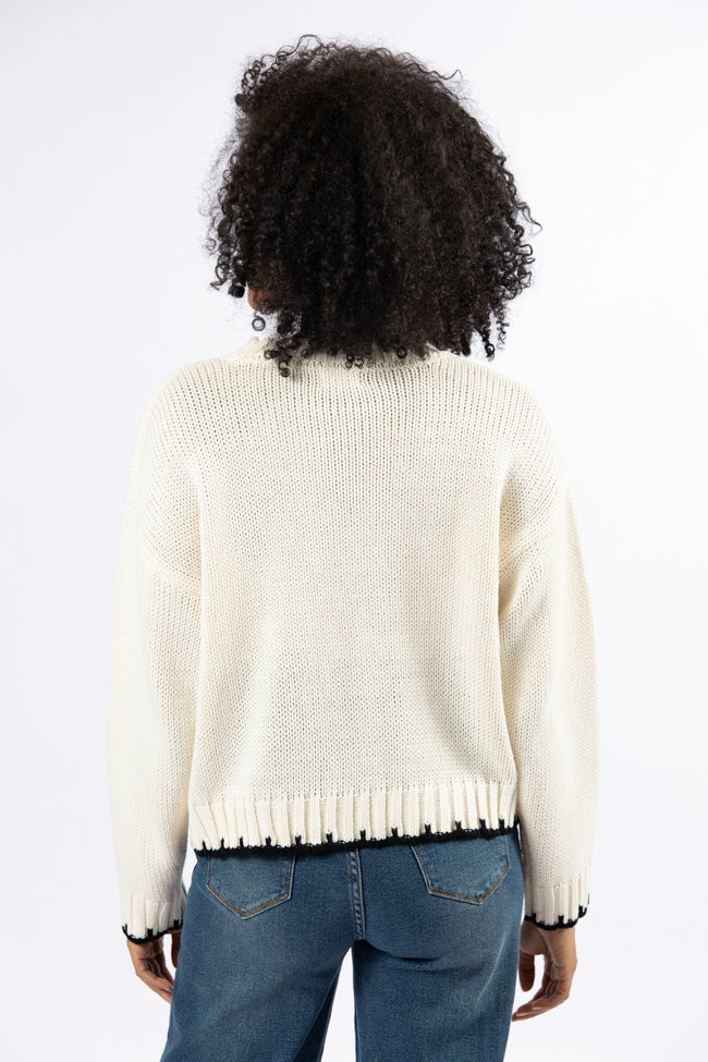 Ivory and Black Contrast Stitch Detail Sweater for Women - Cozy Knit Pullover with Unique Hand Stitching - Perfect for Fall Layering, Casual Outfits & Holiday Gatherings