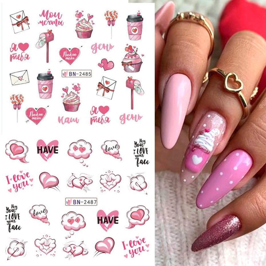 Valentine's Day Nail Art Stickers - Romantic Heart Love Water Transfer Slider Decals for DIY Nails | 12 Sheets with Pink Heart, Bear Kiss & Lips Designs | Perfect for Valentine's Gifts, Bridal Showers & Girls' Night Out