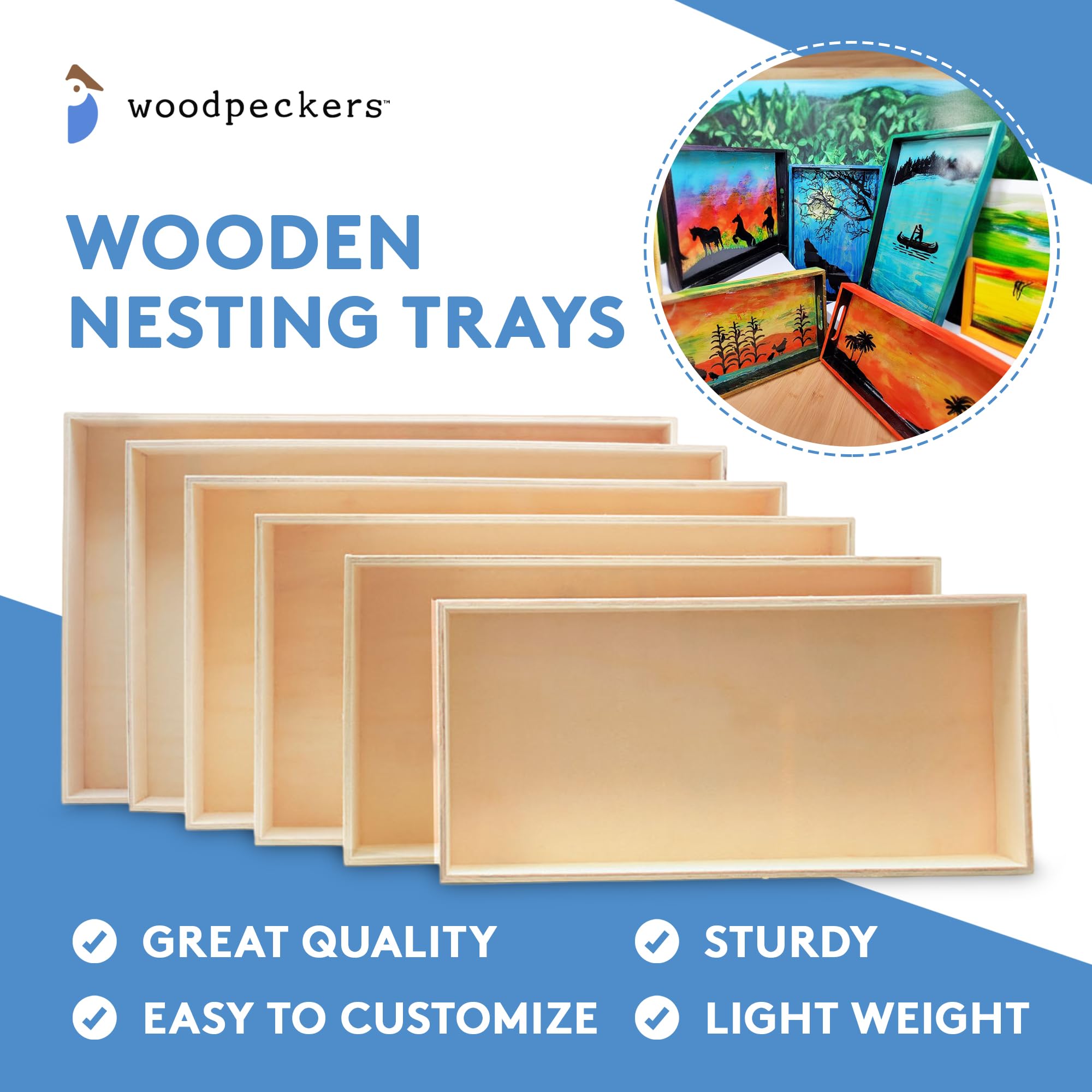Unfinished Wood Nesting Trays Set of 6 - DIY Wooden Craft Trays for Serving, Organizing, Home Decor & Kids Play - Perfect for Parties, Craft Projects & Nursery Storage by Woodpeckers