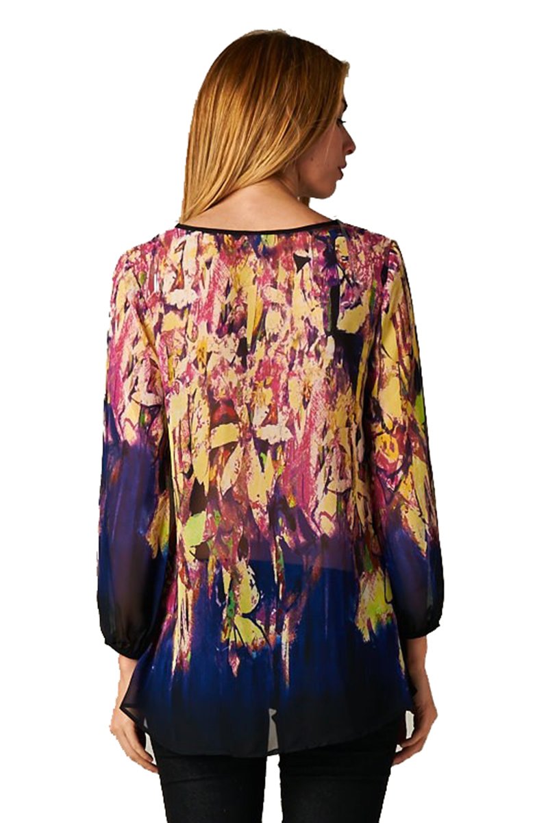 Elegant Watercolor Floral Print 3/4 Sleeve Chiffon Blouse with Hi-Low Hem - Perfect for Spring Outfits, Office Wear & Special Occasions