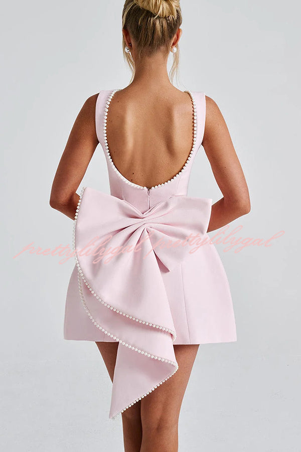 Elegant Pearl Embellished Large Bow Slim Fit Mini Dress for Women - Perfect for Parties, Weddings & Special Occasions