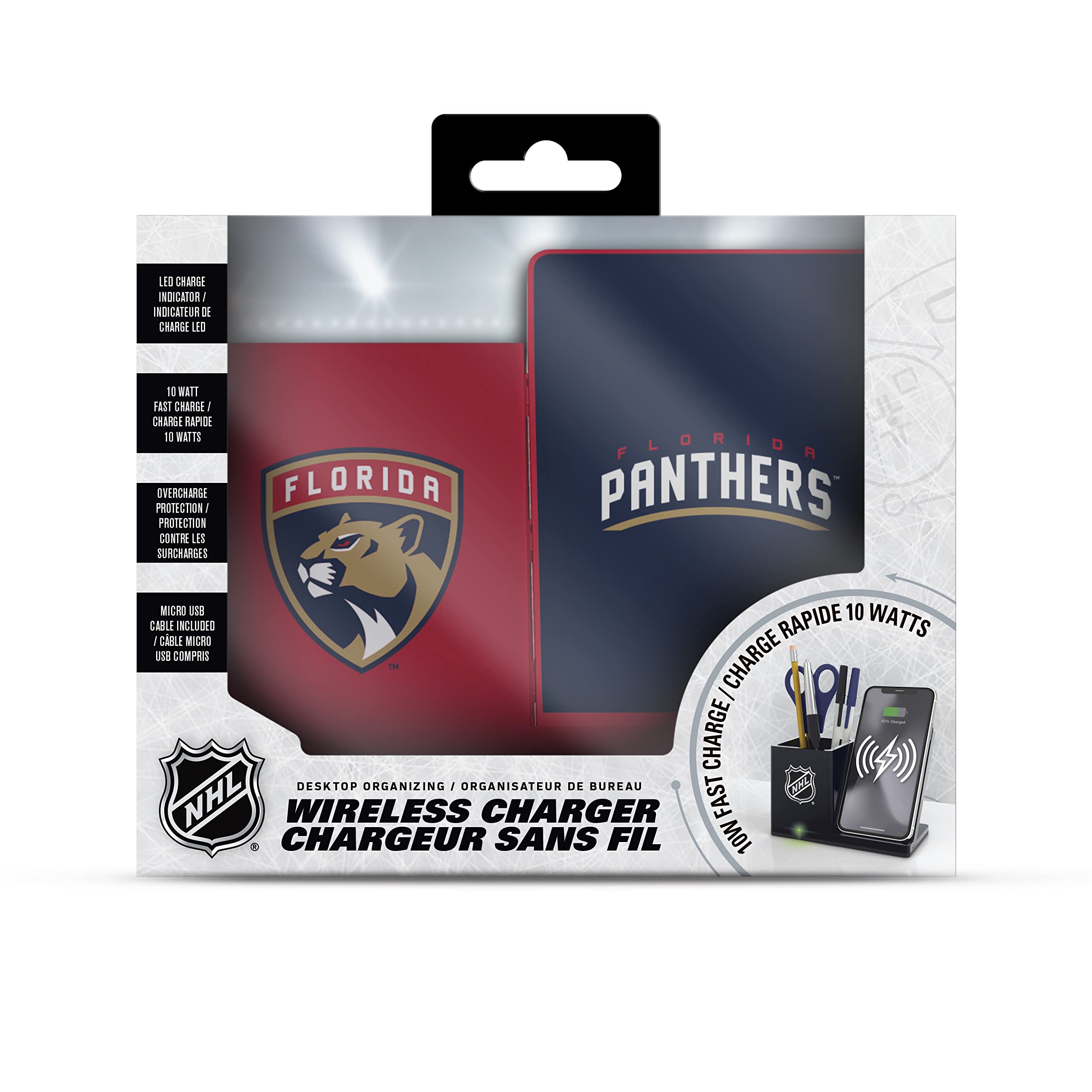 SOAR NHL Wireless Charger & Desktop Organizer - Florida Panthers Team Design - Fast Qi Charging Station with Phone Stand & Storage Compartment - Perfect for Office, Home Desk, and Gift for Hockey Fans