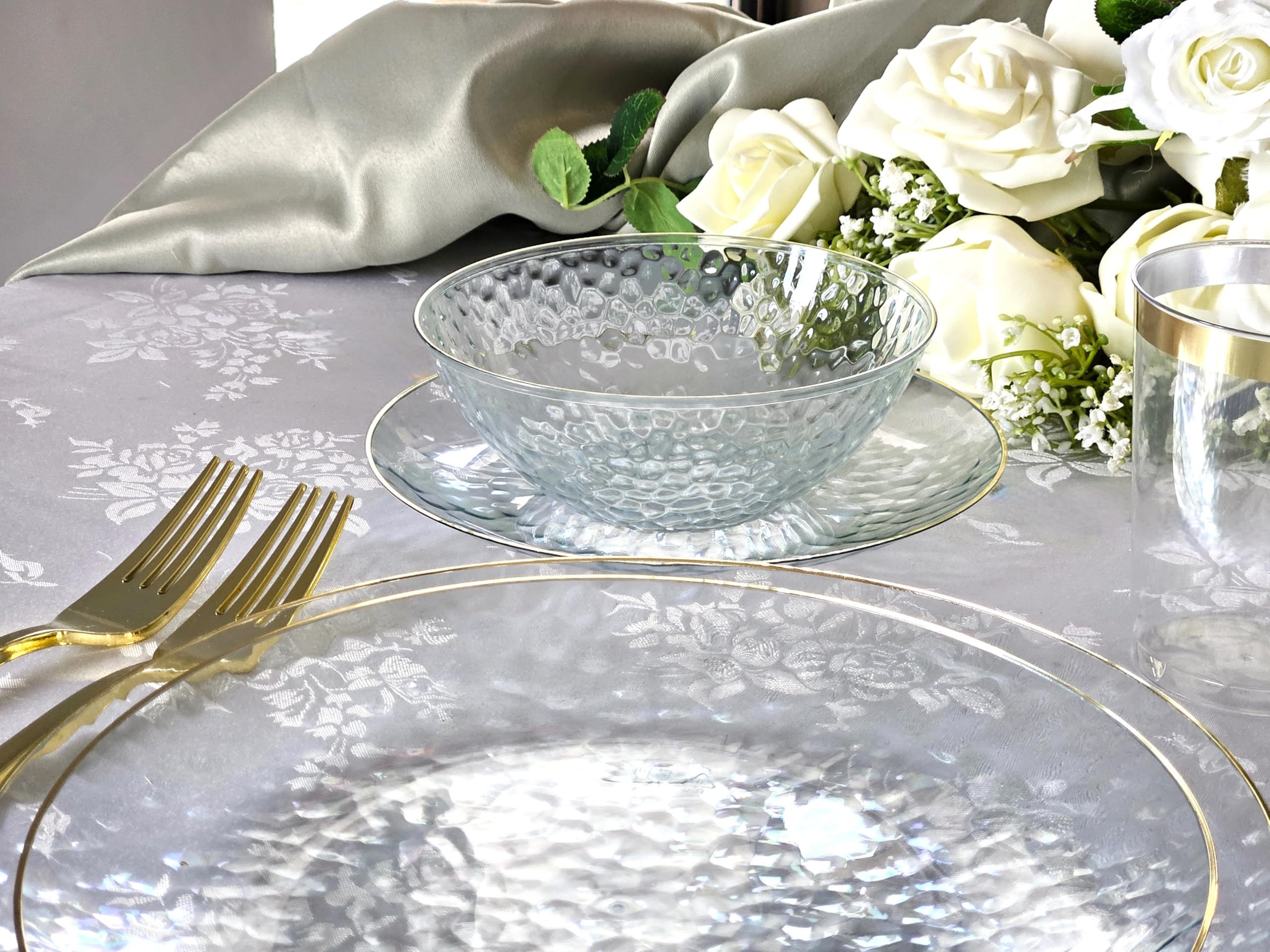 120-Pack Disposable Plastic Plates for Wedding & Party - 7'' Appetizer/Dessert Plates in Coastal Clear & Gold | Elegant Dinnerware for Bridal Showers, Baby Showers & Special Events