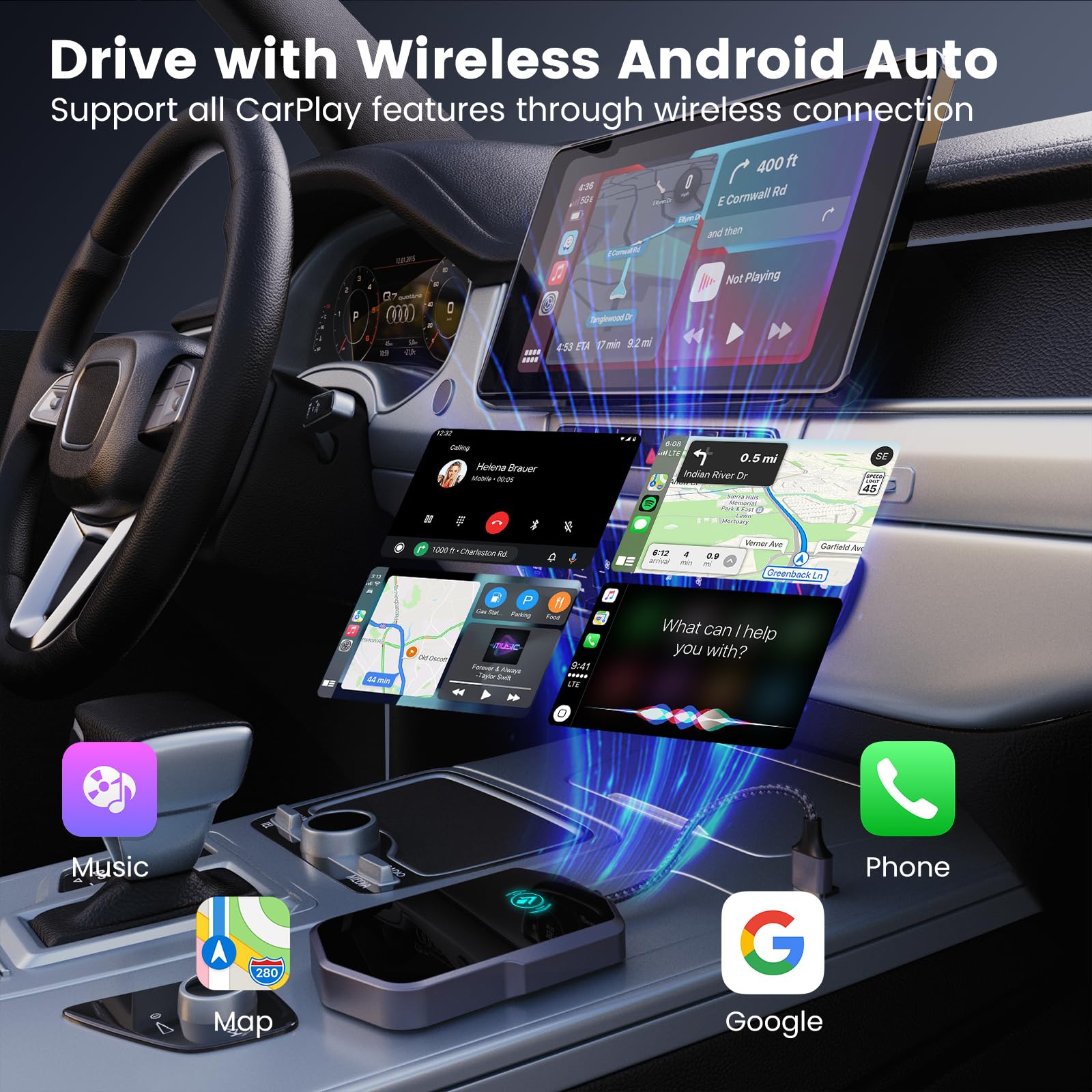 Wireless Android Auto Adapter - Convert Wired to Wireless CarPlay for Android 11+ & 2017+ Vehicles | Fast Connection | Plug & Play | Gray | Perfect for Commuting & Road Trips