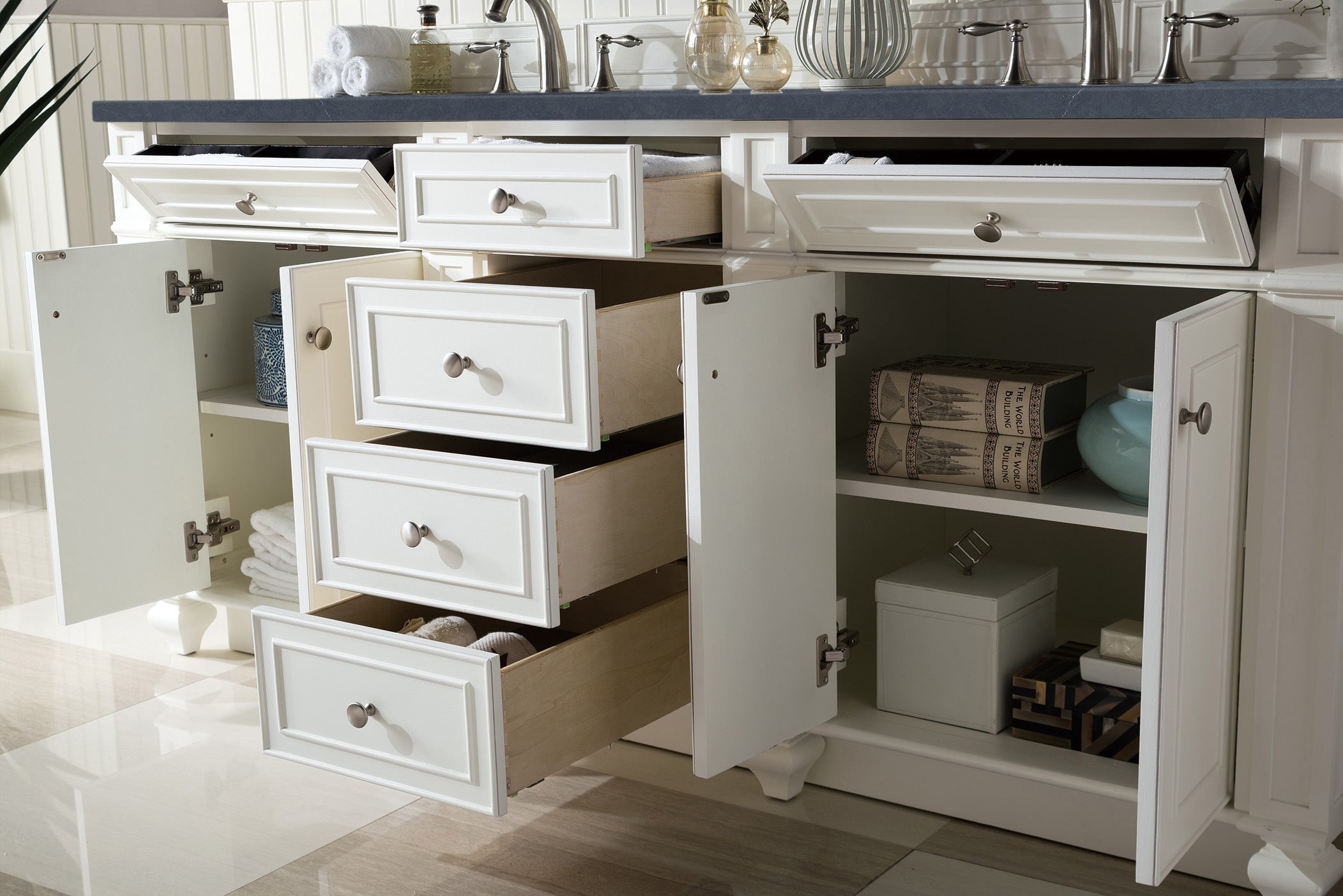 Bristol 72-Inch Double Bathroom Vanity Set with Charcoal Soapstone Quartz Top in Bright White - Perfect for Master Bathroom Renovation & Modern Home Upgrade