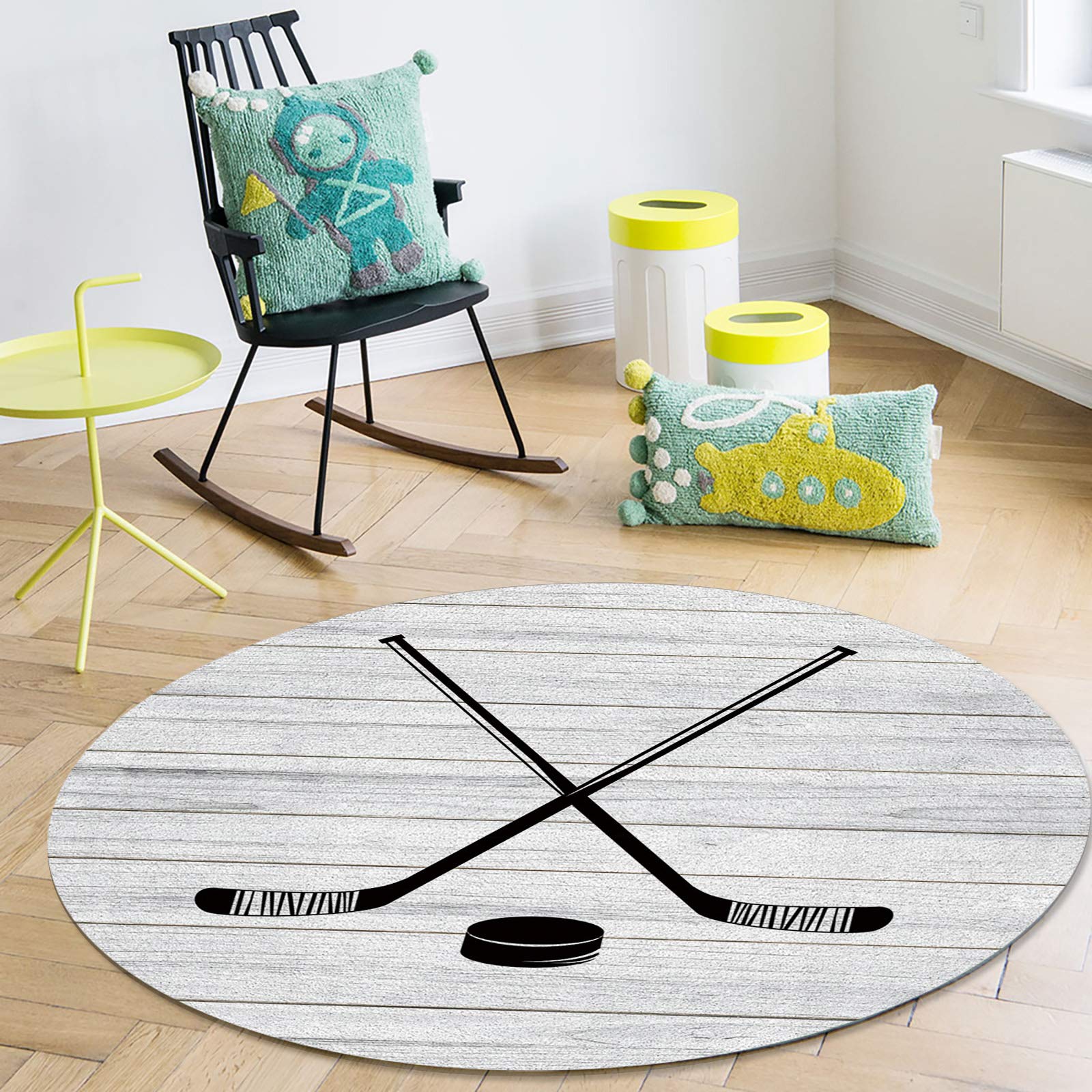 Hockey Sport Theme Round Area Rugs - 4ft Diameter Anti-Skid Floor Carpet Mat for Kids Room, Nursery, Office, Bedside & Living Room - Rustic Wooden Board Design for Home Decor & Game Room