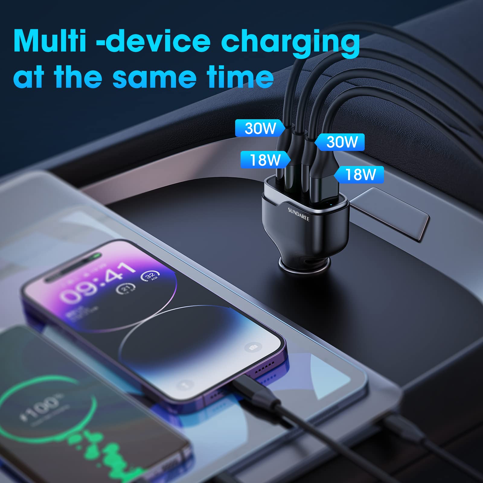 SUNDAREE 4 Port USB C Fast Car Charger with AC Outlet - 18W QC & 30W PD Dual Charging - 3.3FT USB-A to USB-C Cable Included - Compatible with iPhone 16/15/14 Pro/Max, Samsung S24 & More - Perfect for Road Trips, Commuting & Multi-Device Charging On-The-Go