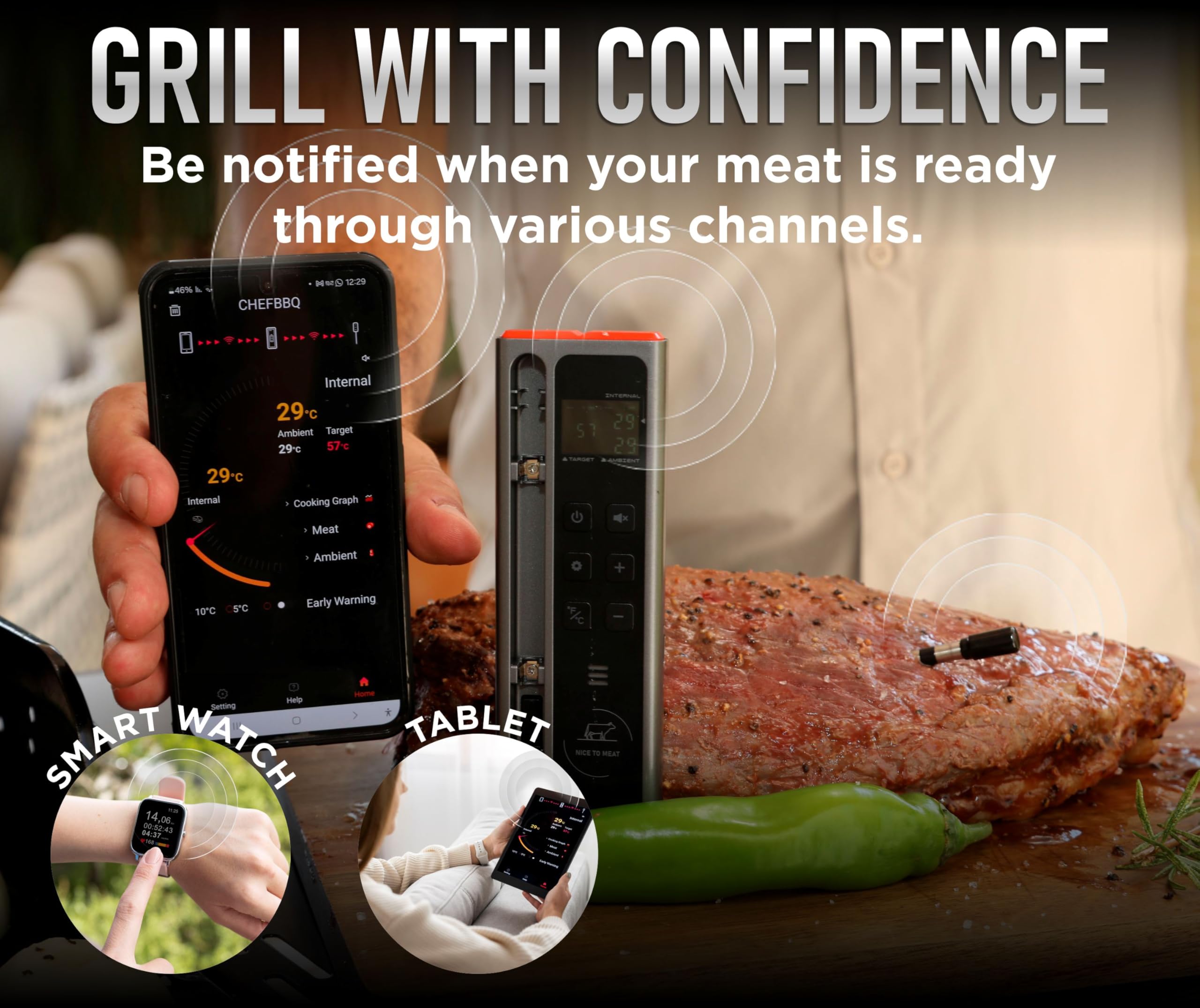 Wireless Meat Thermometer for BBQ Grilling - Digital Cooking Thermometer with Bluetooth & CHEFBBQ APP - Accurate Temperature Sensor for Smoking, Roasting, Baking - Perfect for Outdoor Cooking, Backyard Parties & Home Kitchen Use