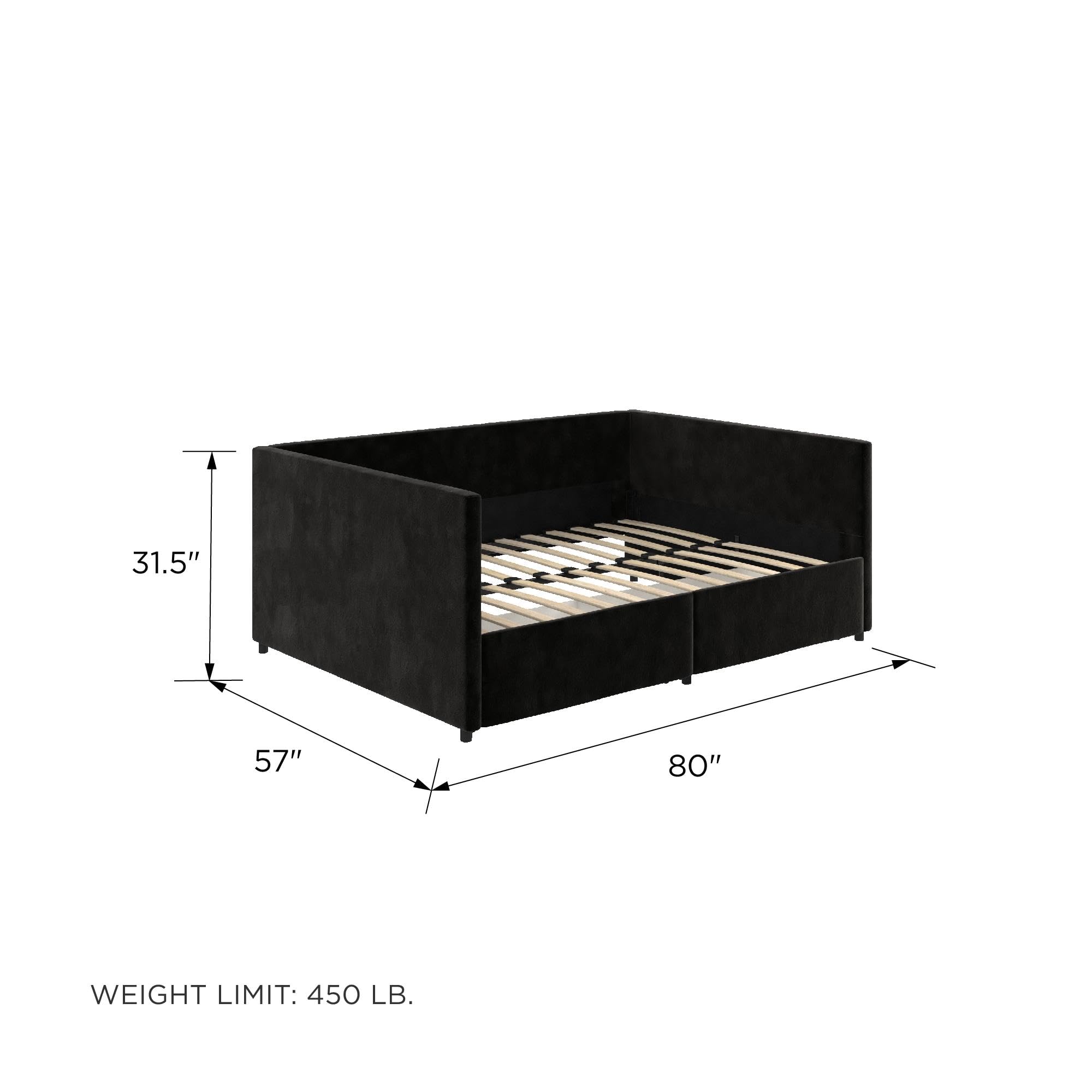 DHP Theo Full Size Daybed with Storage Drawers - Black Velvet Upholstered Sleeper Sofa for Guest Room, Dorm & Small Space Living