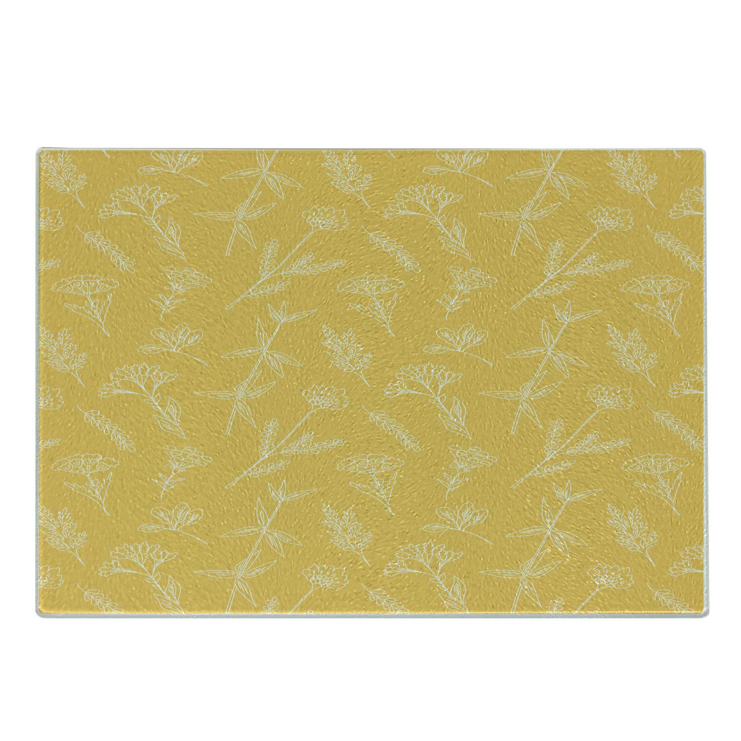 Ambesonne Floral Tempered Glass Cutting Board - Forest Wildflowers Outline Design - Decorative Serving Tray for Kitchen & Dining - Small Size Mustard & White - Perfect for Cheese Platters, Charcuterie & Home Decor