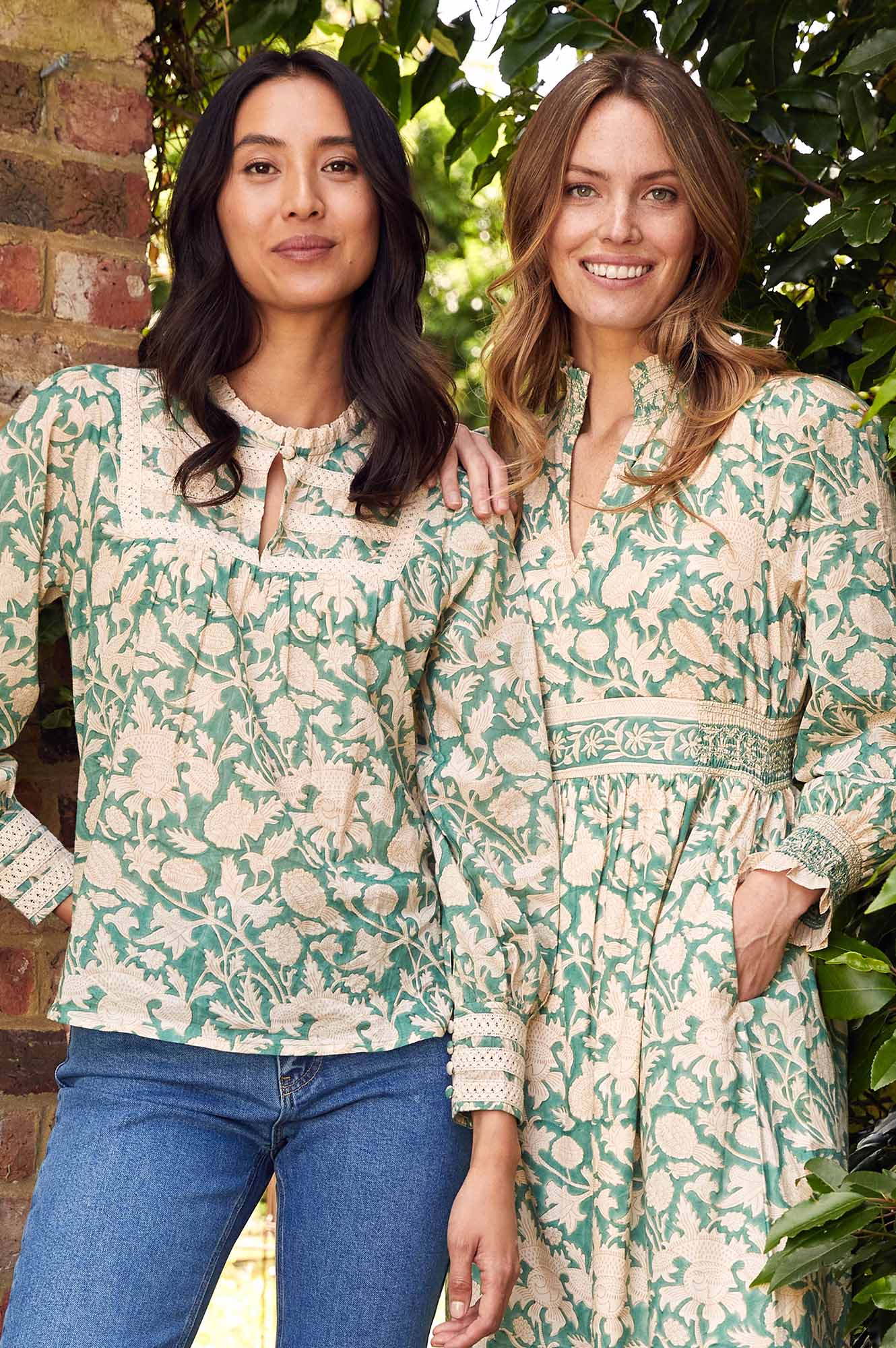 Margot Block Print Blouse - Floral Embroidered Women's Top in Tea Rose Green & Taupe | Boho Chic Shirt for Casual Wear, Office Outfits & Summer Vacation
