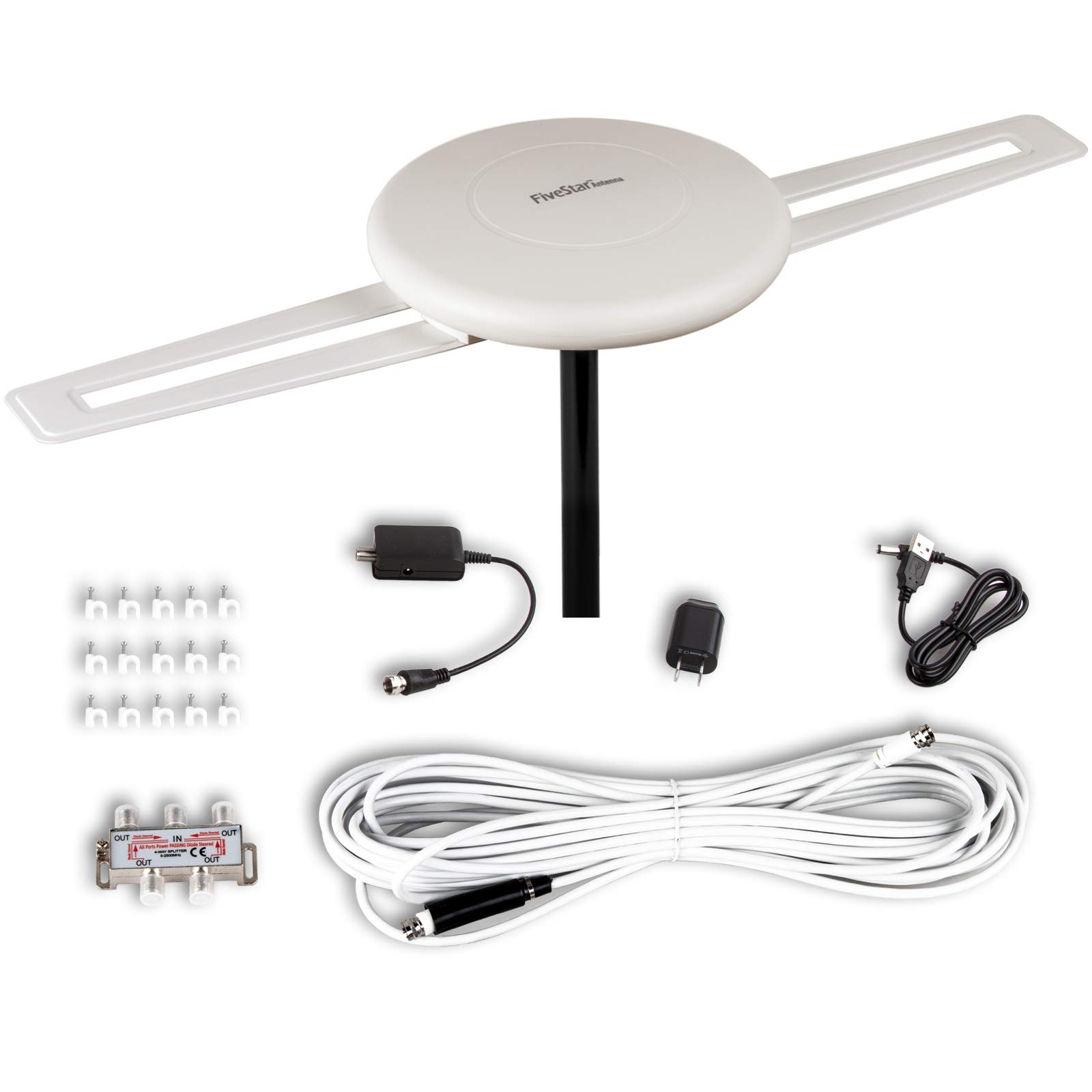 Five Star HDTV Antenna - 360° Omni-Directional Reception, 150 Mile Long Range Amplified Outdoor TV Antenna for 4K 1080P UHF VHF - Supports 4 TVs with Installation Kit - Perfect for Indoor, Outdoor, RV & Attic Use - Enjoy Crystal Clear TV Signals at Home, Camping or Traveling