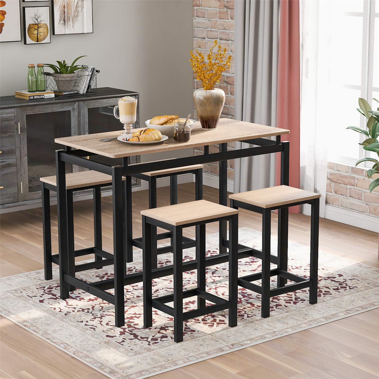 SSLine 5-Piece Contemporary Breakfast Bar Table Set with 4 Stools - Oak Finish High Counter Dining Set for Kitchen, Cafe & Small Space | Perfect for Breakfast Nook, Coffee Corner & Compact Homes