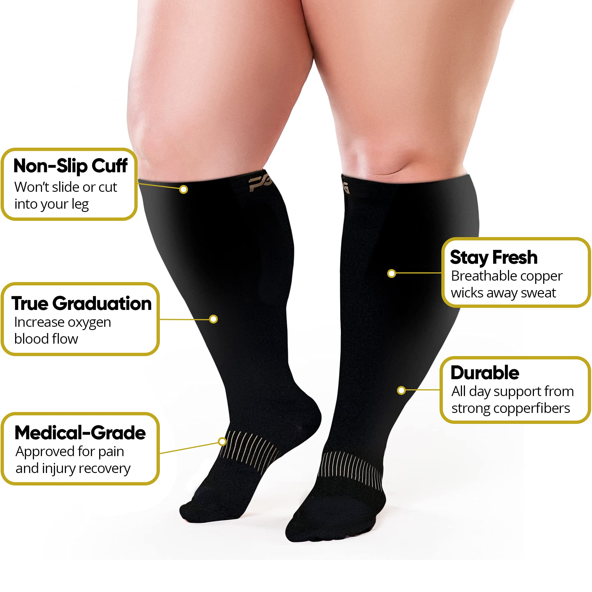 Plus Size Compression Socks for Wide Calf - Copper Infused Graduated Support (Black, XXXL) - Ideal for Travel, Nursing & Varicose Vein Relief