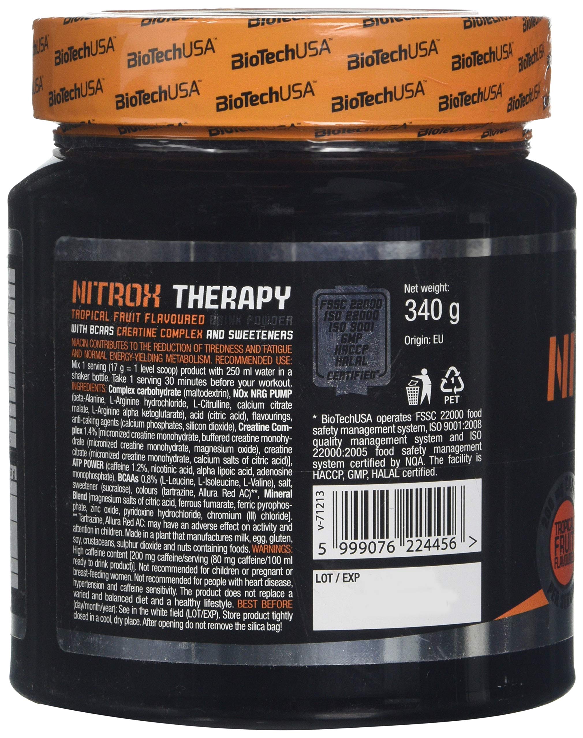 BioTechUSA Nitrox Therapy Pre-Workout Supplement - Tropical Fruit Flavor, 340g for Energy & Endurance | Gym, Fitness & Bodybuilding Performance Boost